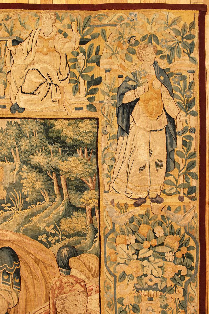 Pair of 17th Century Flemish Tapestry Panels w/ Female Figures & Floral Reserves For Sale 1