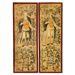 Antique Pair of 17th Century Flemish Tapestry Panels w/ Female Figures & Floral Reserves