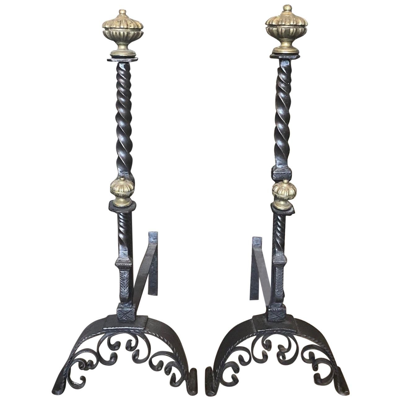 Pair of 17th Century Florentine Andirons with Brass Adornments For Sale