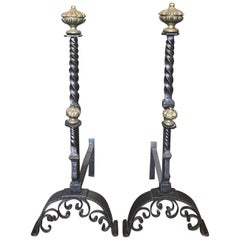 Antique Pair of 17th Century Florentine Andirons with Brass Adornments