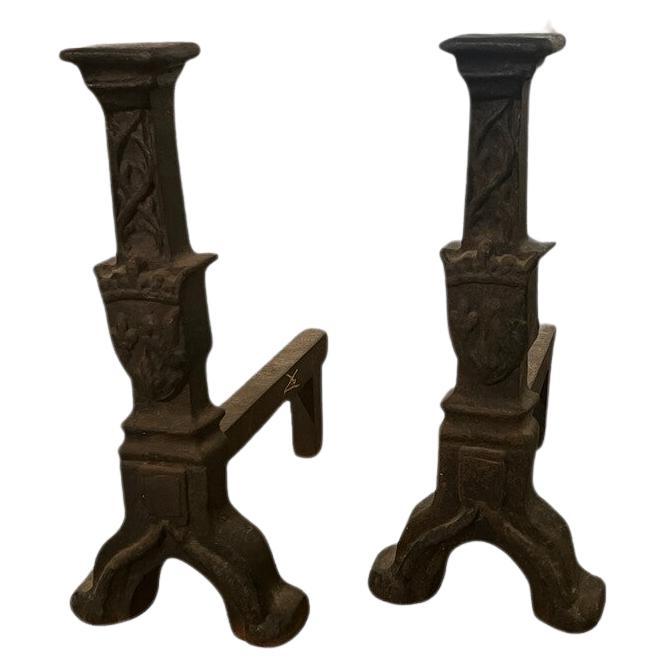 Pair of 17th Century French Cast Iron Andirons For Sale