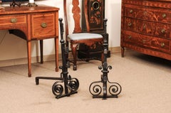 Pair of 17th Century French Iron Andirons with Scroll Feet