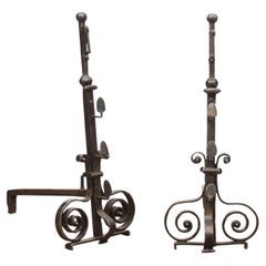 Pair of 17th Century French Iron Andirons with Scroll Feet