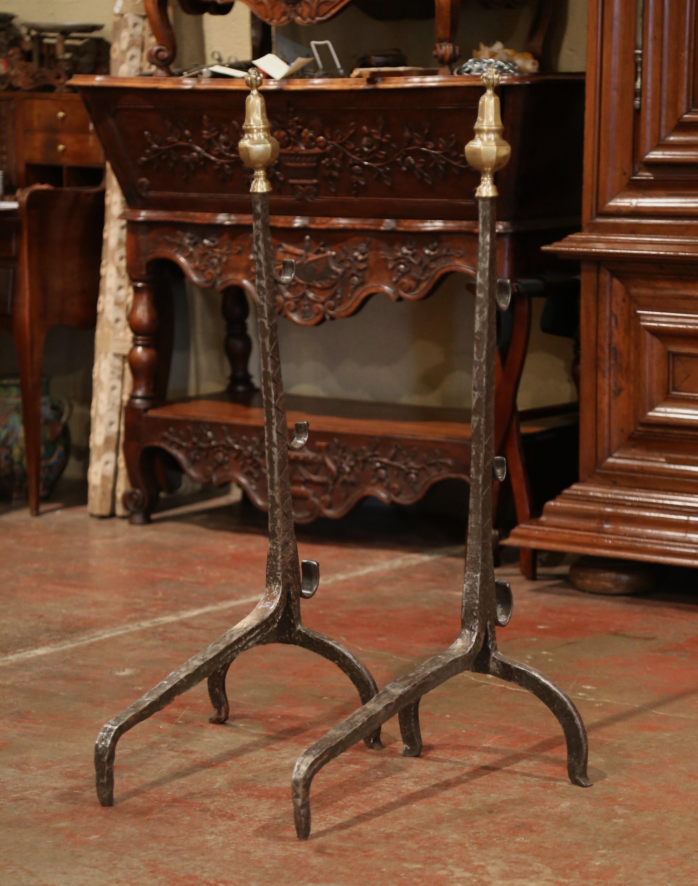 Pair of 17th Century French Polished Forged Iron and Bronze Fireplace Andirons 5