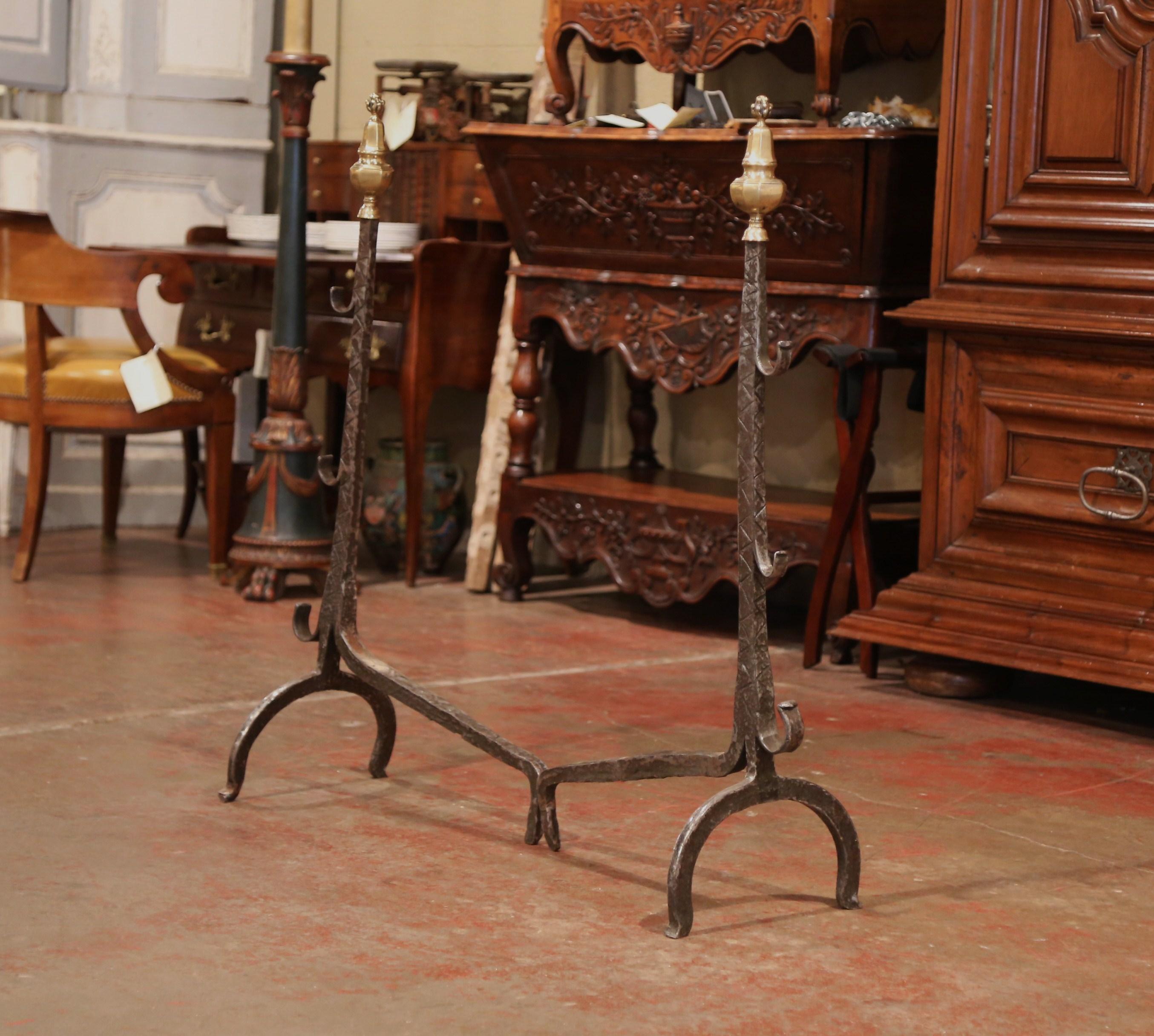 Pair of 17th Century French Polished Forged Iron and Bronze Fireplace Andirons 6