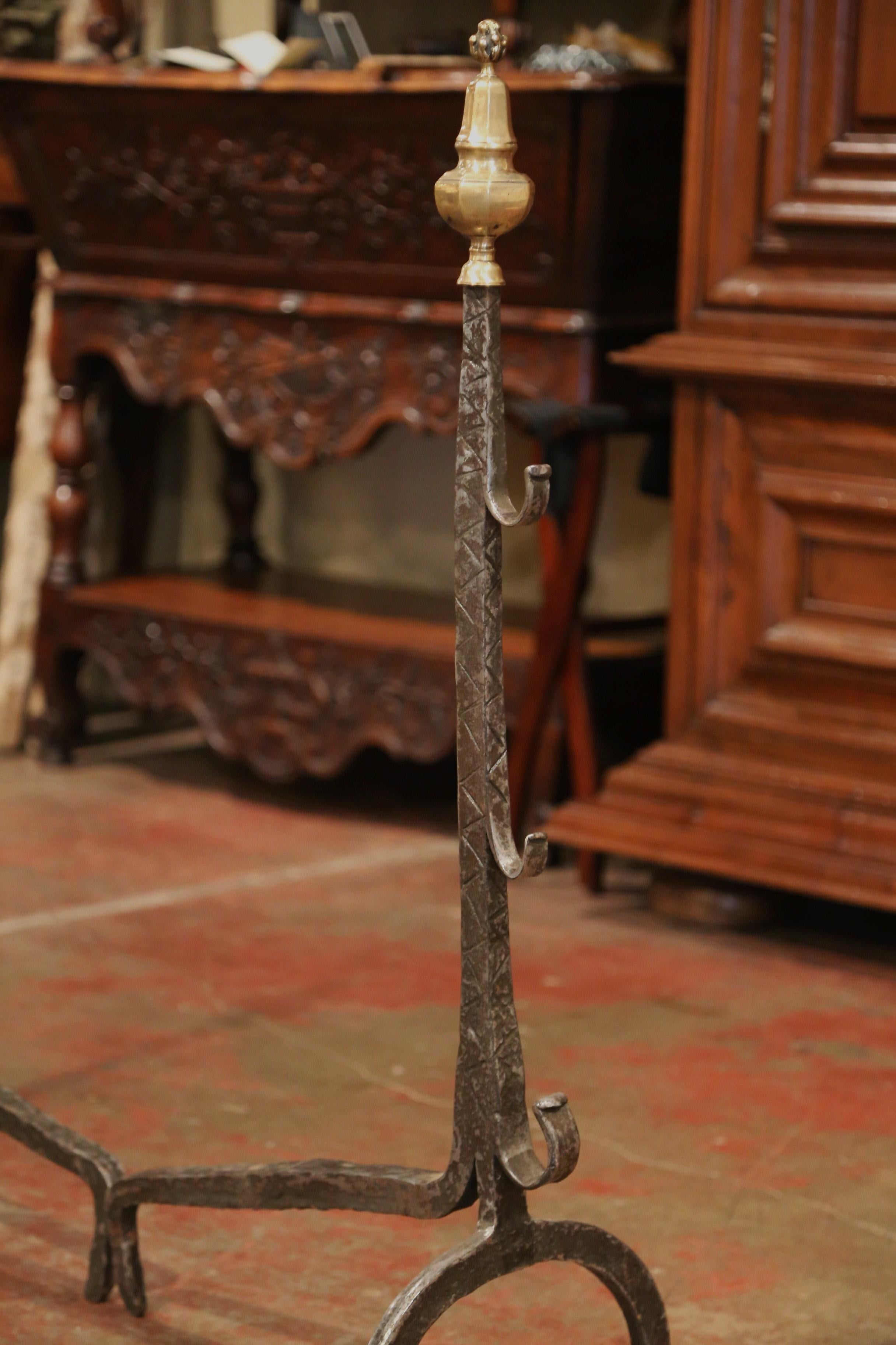 Pair of 17th Century French Polished Forged Iron and Bronze Fireplace Andirons 7