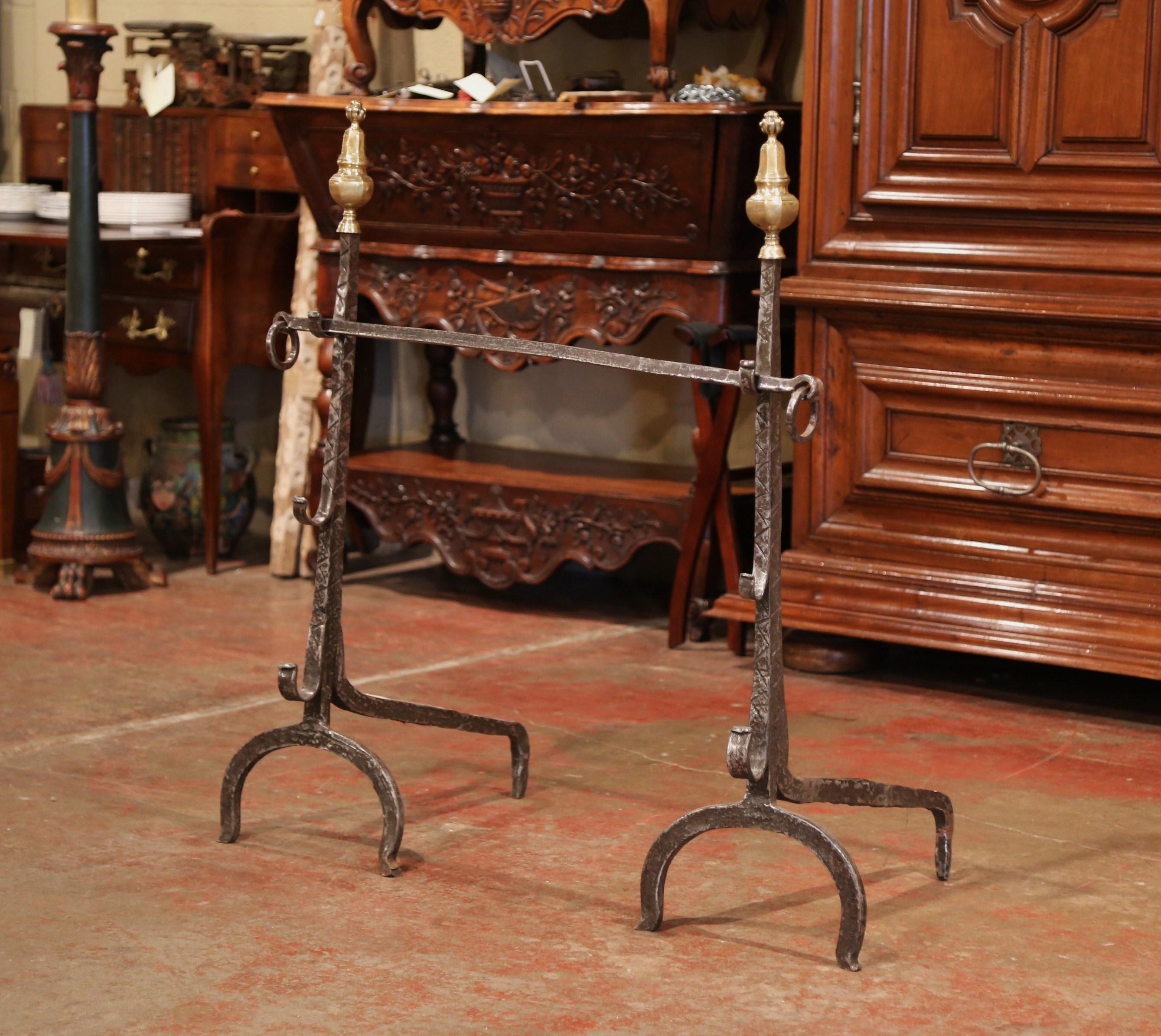 Pair of 17th Century French Polished Forged Iron and Bronze Fireplace Andirons In Excellent Condition In Dallas, TX