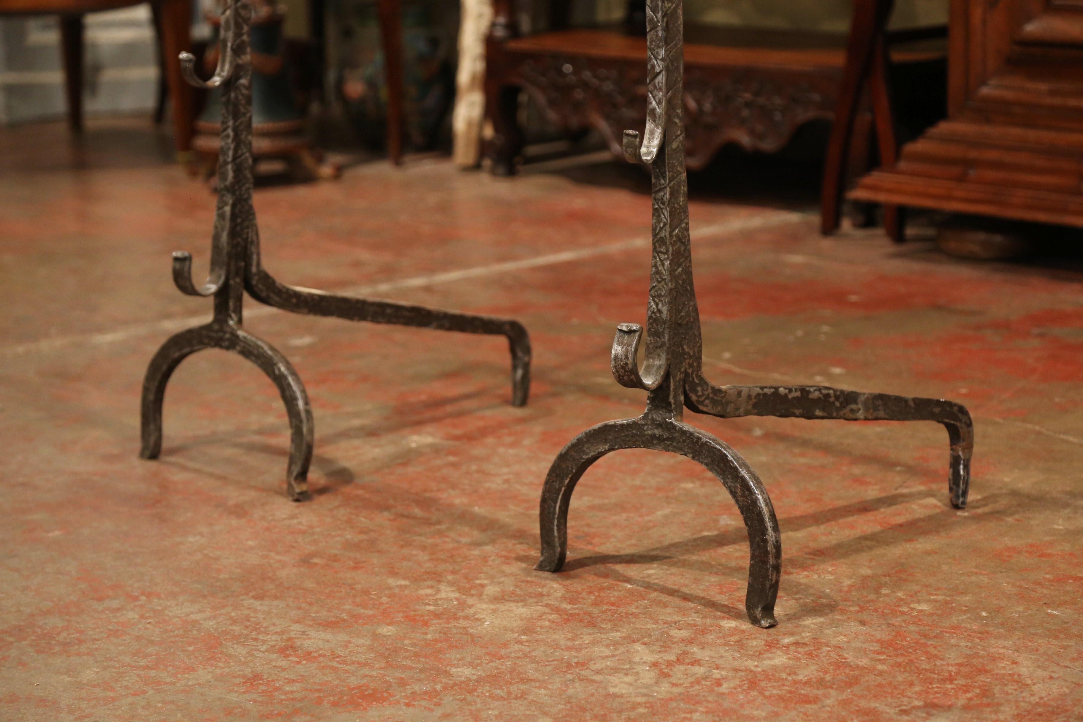 Pair of 17th Century French Polished Forged Iron and Bronze Fireplace Andirons 2