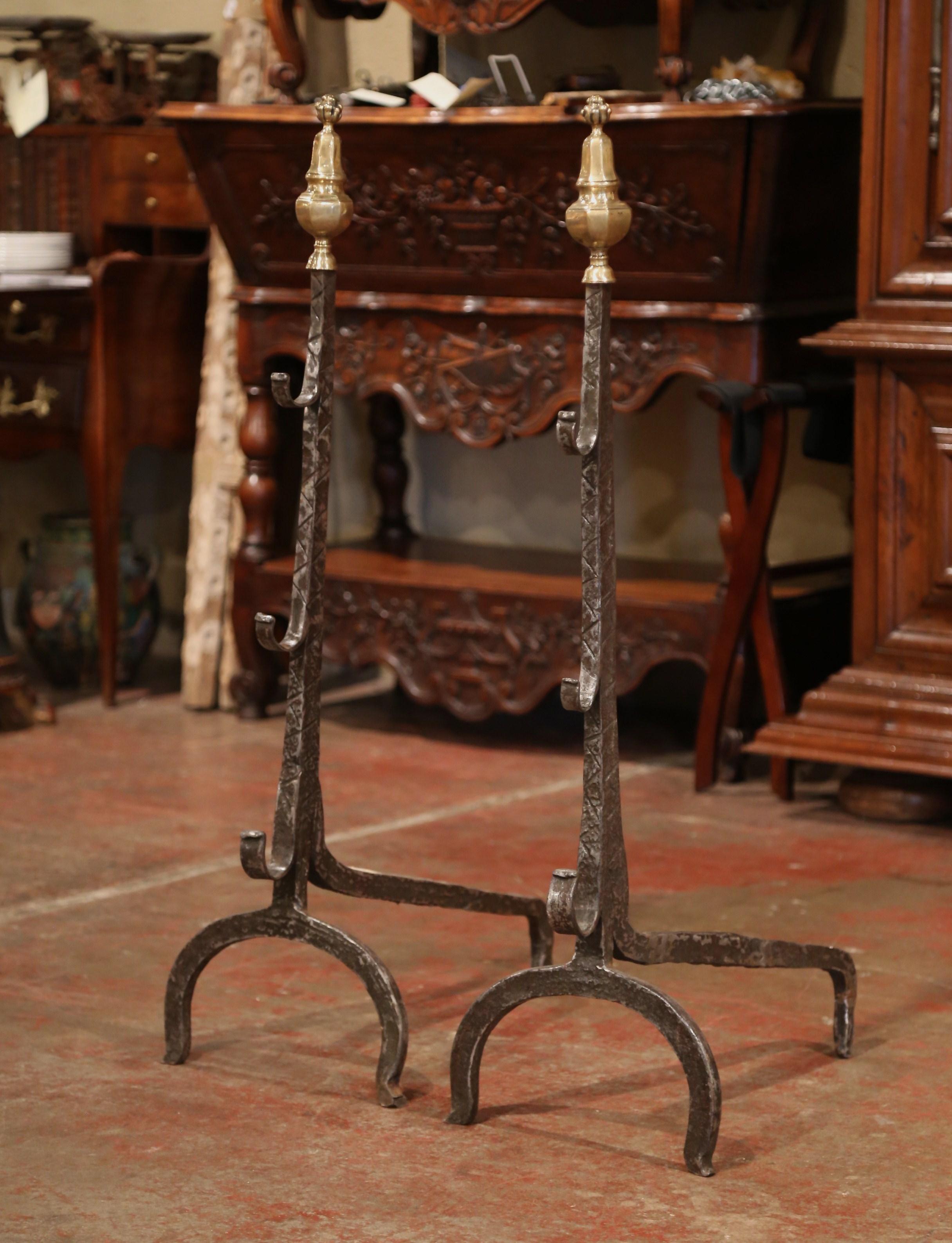 Pair of 17th Century French Polished Forged Iron and Bronze Fireplace Andirons 3