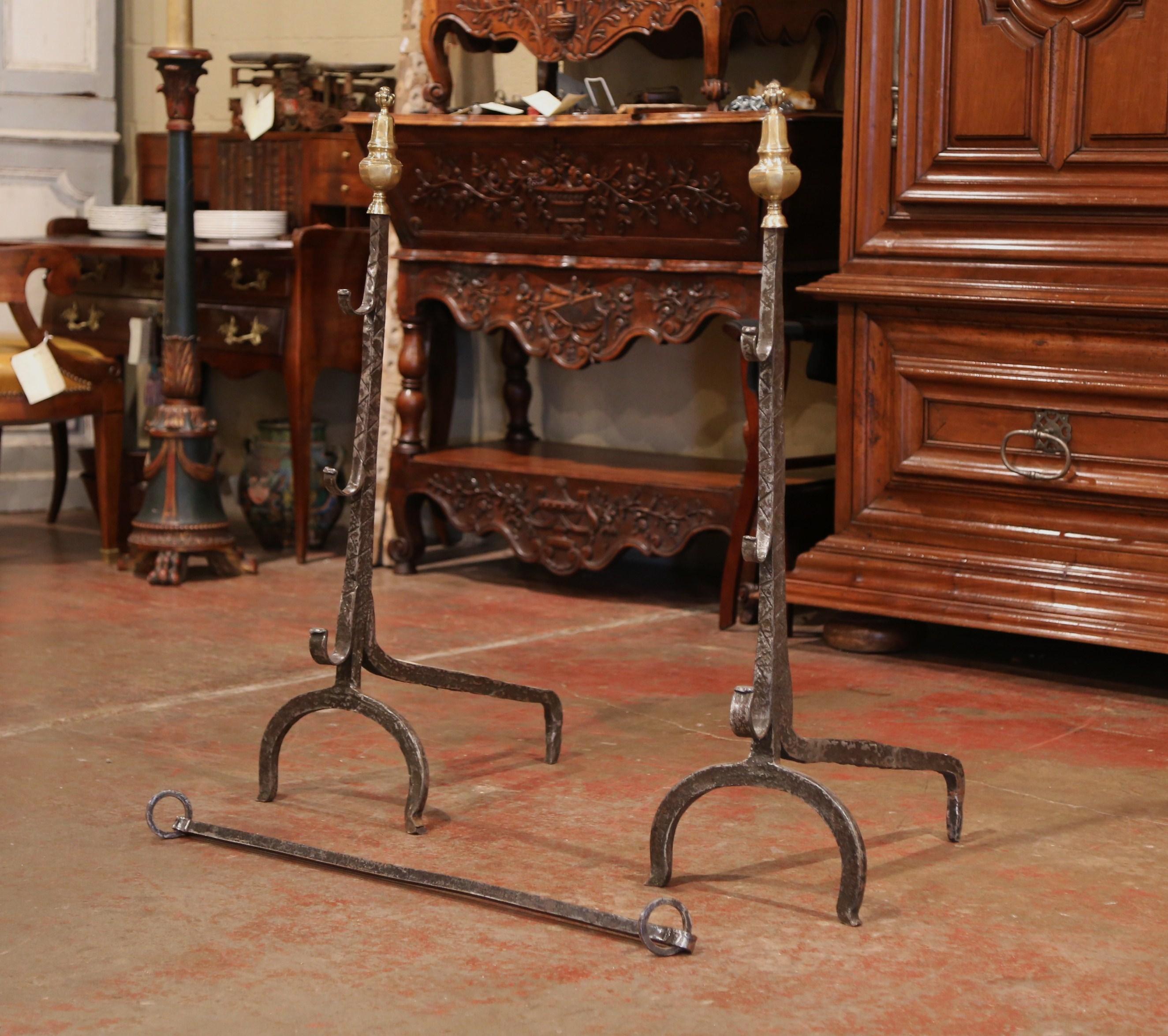 Pair of 17th Century French Polished Forged Iron and Bronze Fireplace Andirons 4