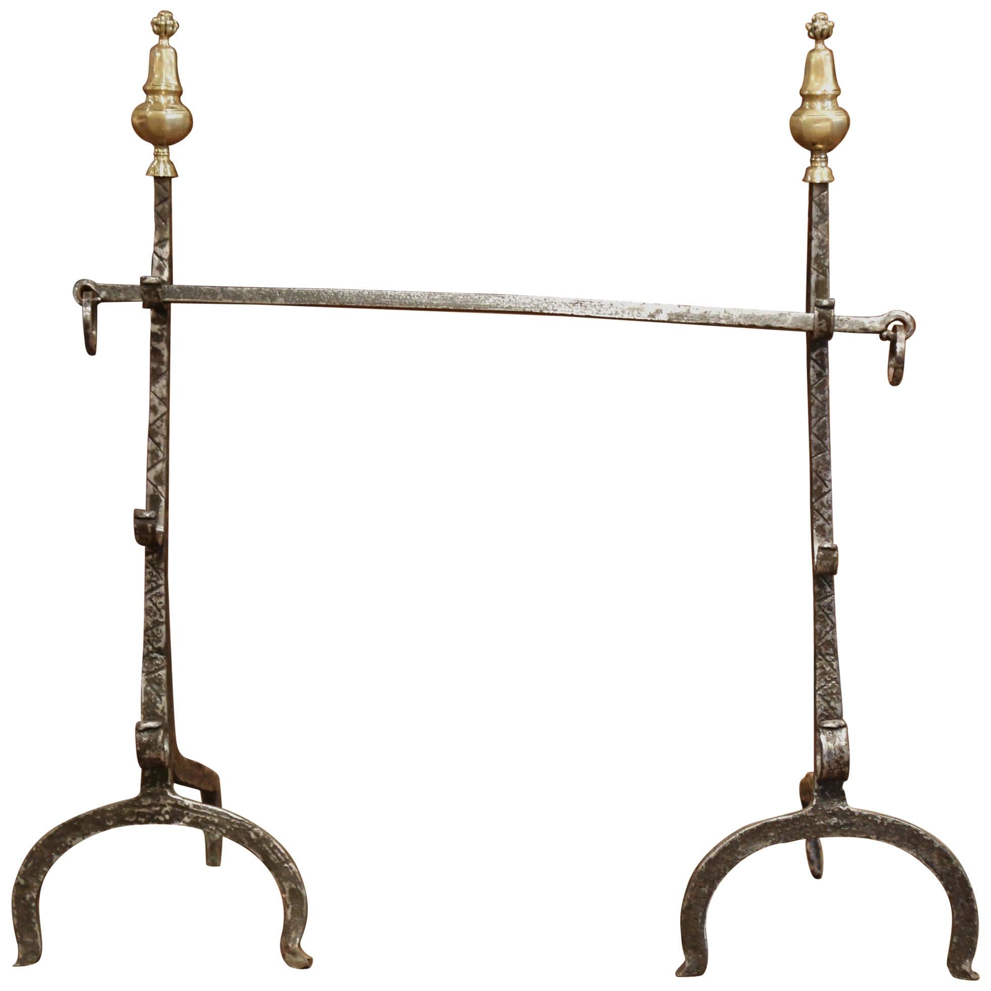 Pair of 17th Century French Polished Forged Iron and Bronze Fireplace Andirons
