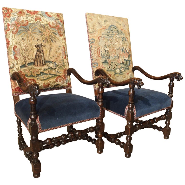 Pair of 17th Century French Walnut and Saint-Cyr Tapestry Armchairs at ...