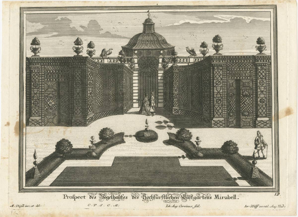 Pair of 17th-Century Garden Engravings – Mirabell Pavilion & Cascade, ca. 1670