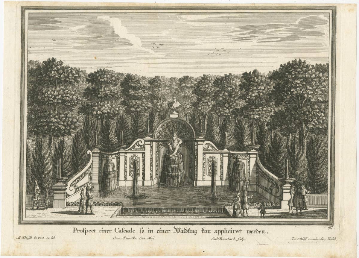 Pair of 17th-Century Garden Engravings – Mirabell Pavilion & Cascade, ca. 1670