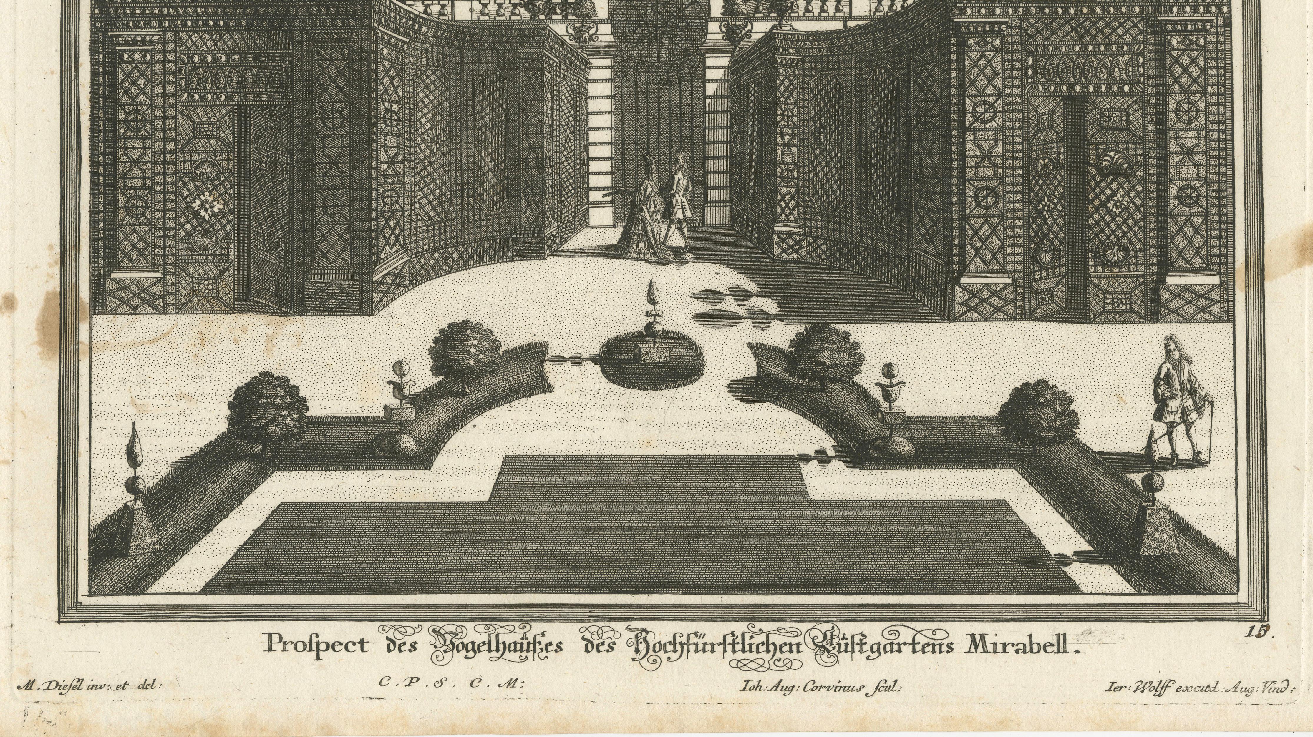 Pair of 17th-Century Garden Engravings – Mirabell Pavilion & Cascade, ca. 1670