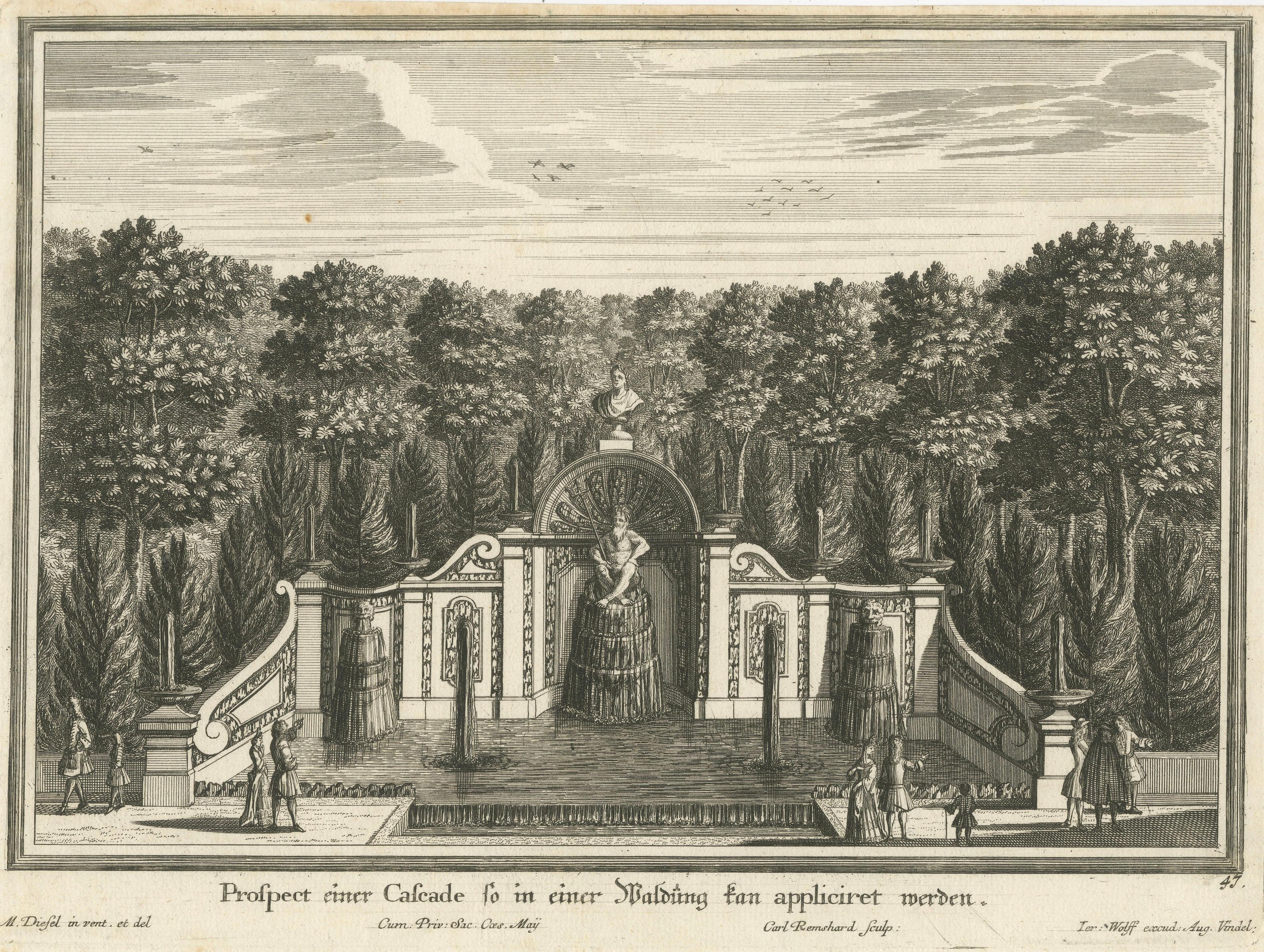 Pair of 17th-Century Garden Engravings – Mirabell Pavilion & Cascade, ca. 1670