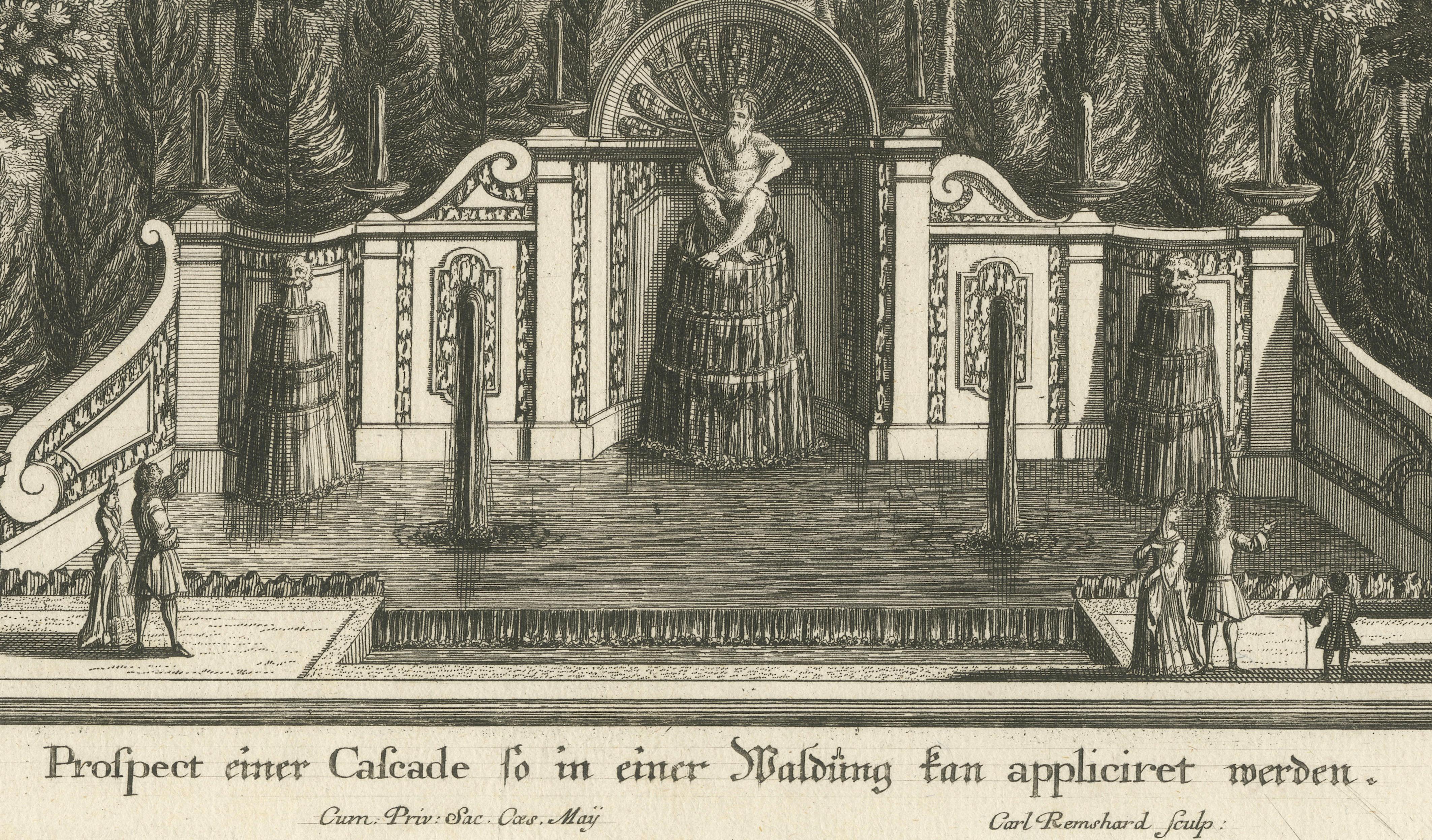 Pair of 17th-Century Garden Engravings – Mirabell Pavilion & Cascade, ca. 1670