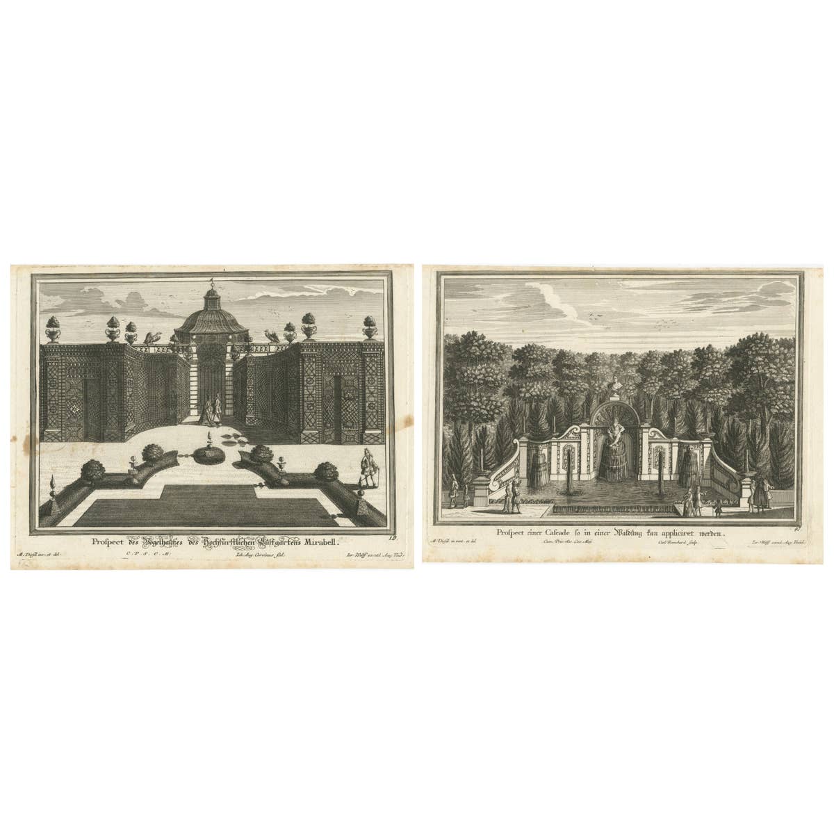 Pair of 17th-Century Garden Engravings – Mirabell Pavilion & Cascade, ca. 1670
