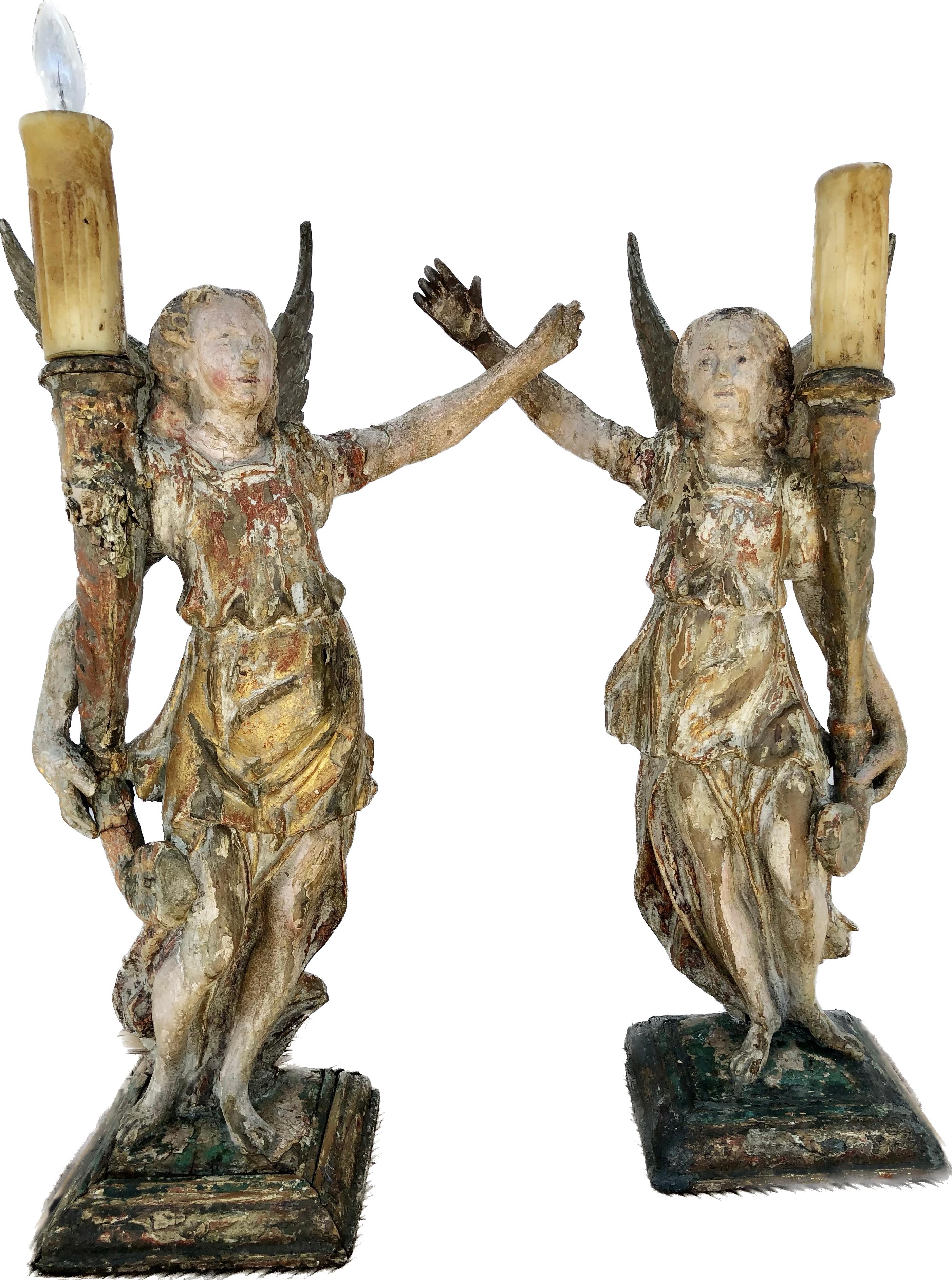 Pair of 17th Century Giltwood Italian Candle- Bearing Angel Lamps 6