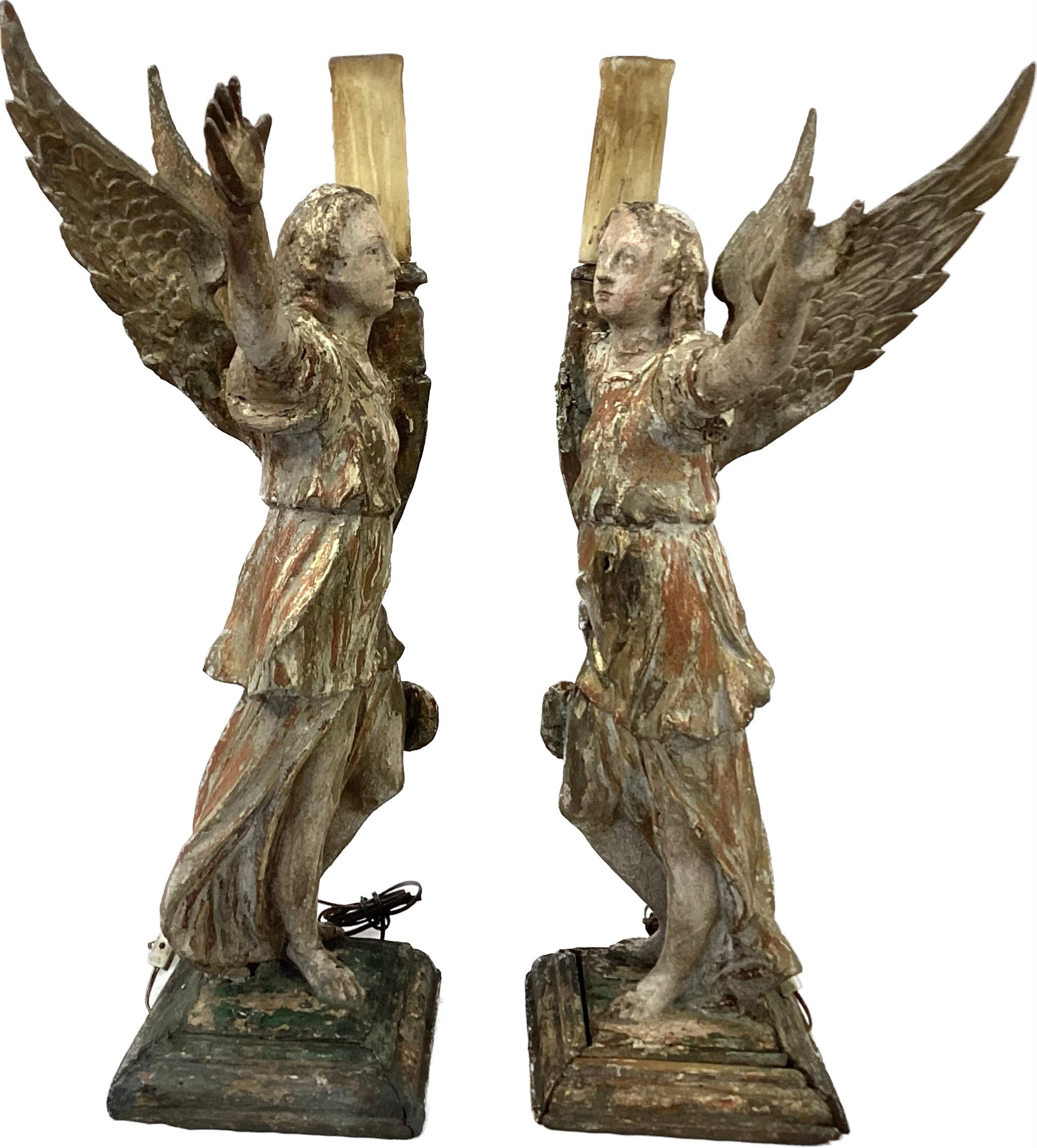 Wood Pair of 17th Century Giltwood Italian Candle- Bearing Angel Lamps