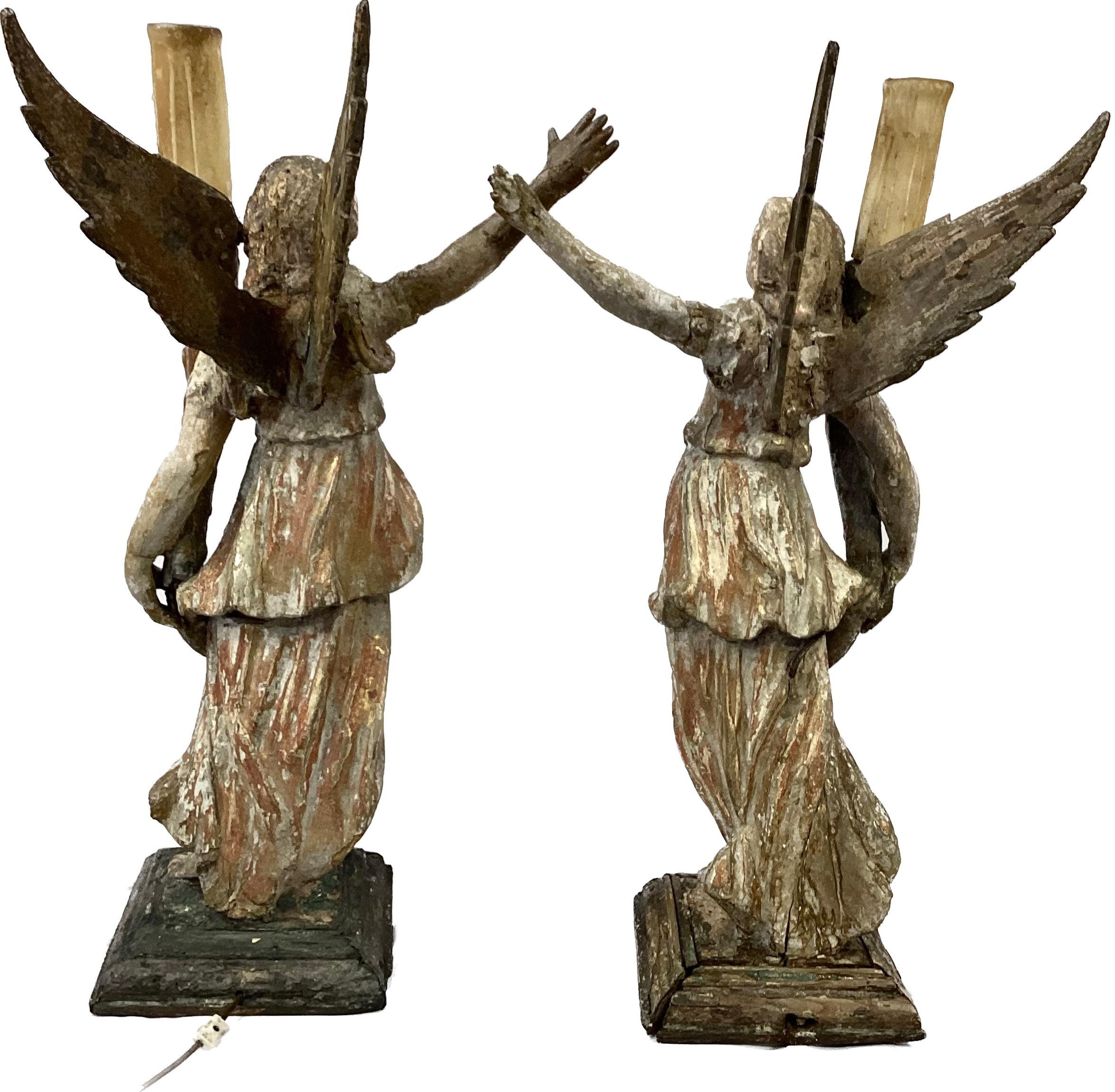 Pair of 17th Century Giltwood Italian Candle- Bearing Angel Lamps 1