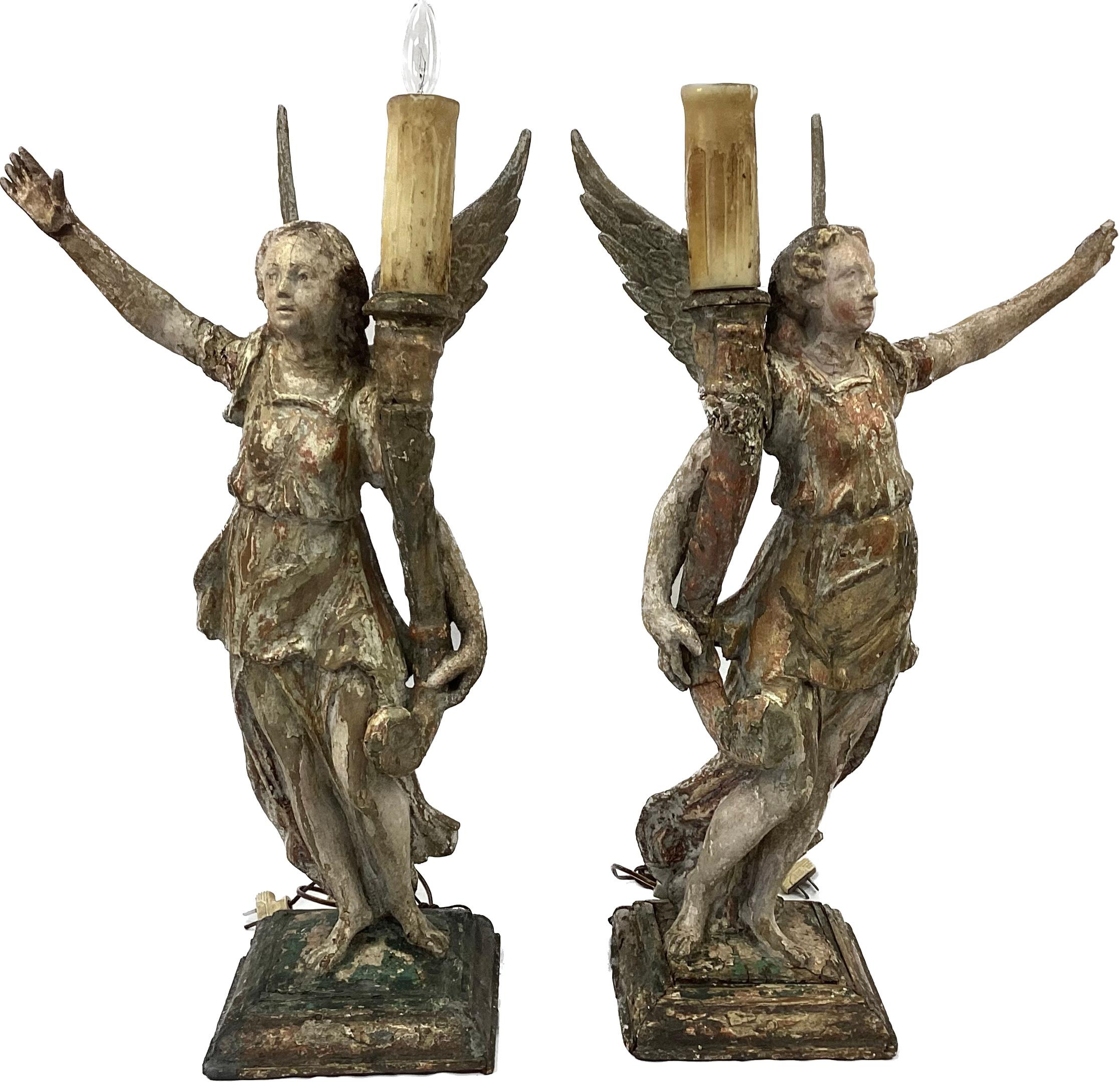Pair of 17th Century Giltwood Italian Candle- Bearing Angel Lamps 3