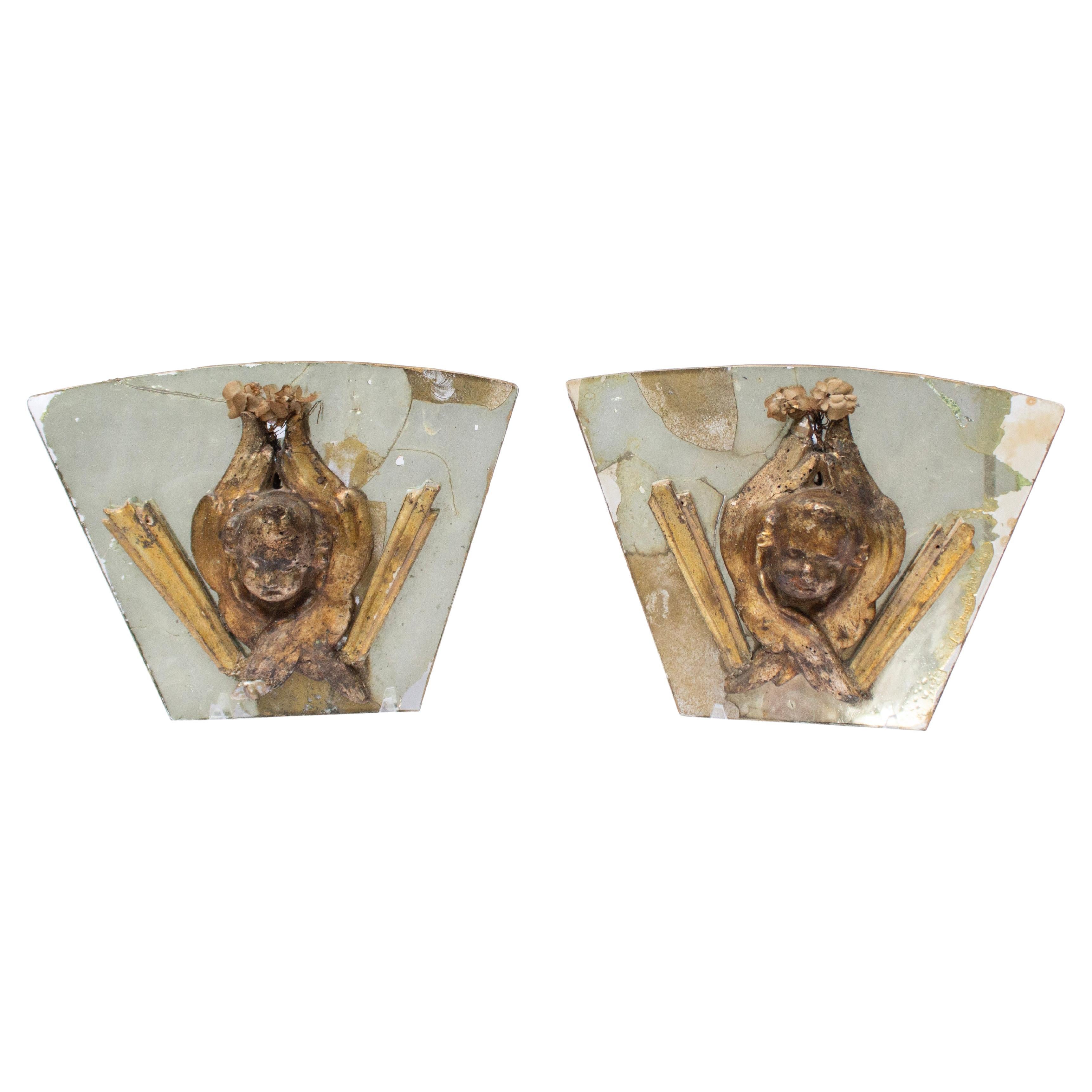 Pair of 17th Century Italian Angel Heads on Antique Mercury Mirrors For Sale