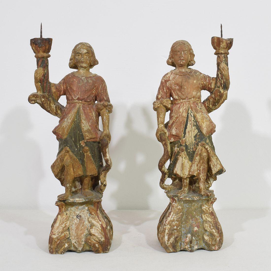 Hand-Carved Pair of 17th Century Italian Baroque Angel Figures with Candleholders