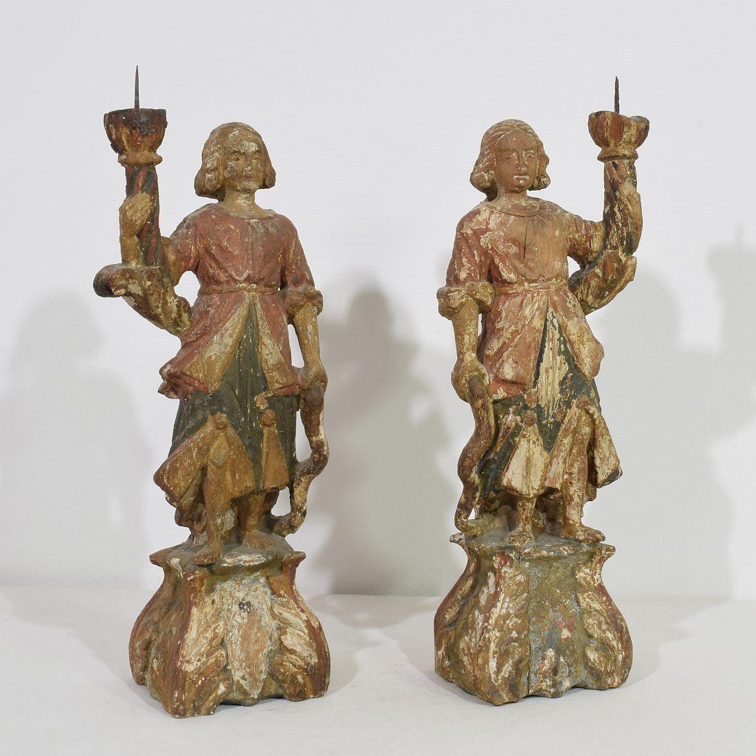 18th Century and Earlier Pair of 17th Century Italian Baroque Angel Figures with Candleholders