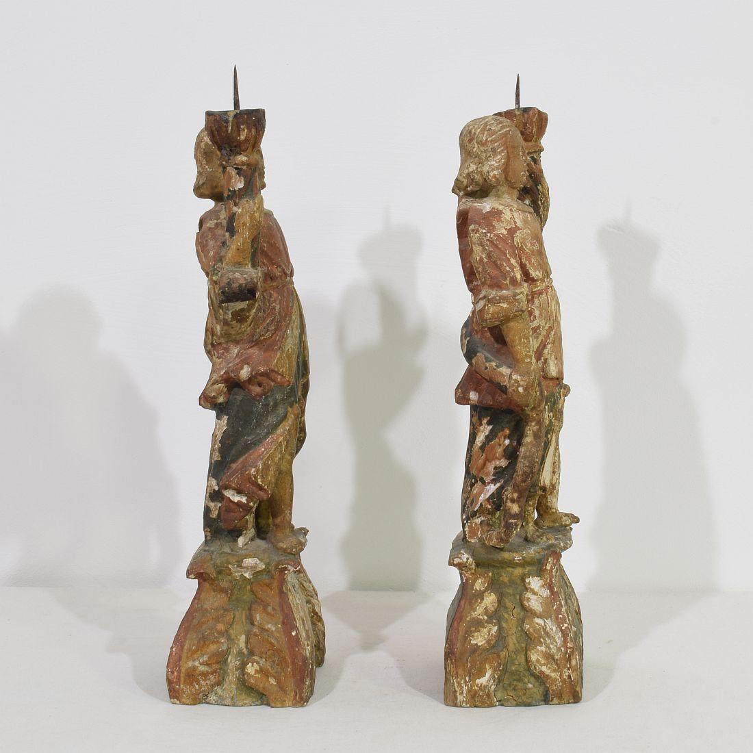 Wood Pair of 17th Century Italian Baroque Angel Figures with Candleholders