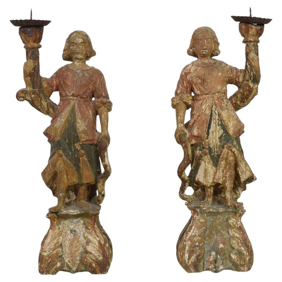 Pair of 17th Century Italian Baroque Angel Figures with Candleholders