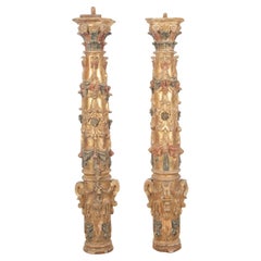 Antique Pair of 17th Century Italian Baroque Gilded and Lacquered Columns