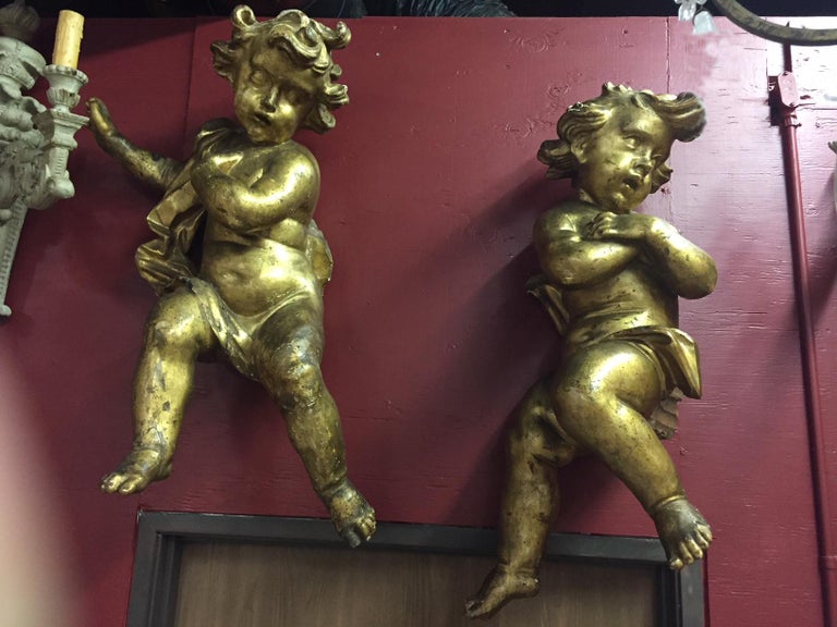 Magnificent and enormous pair of 17th century Italian Baroque period carved giltwood putti wall figures. The pair maintained its original gilding and condition. The carver was successful in catching the putti in mid-flight movement. The carver
