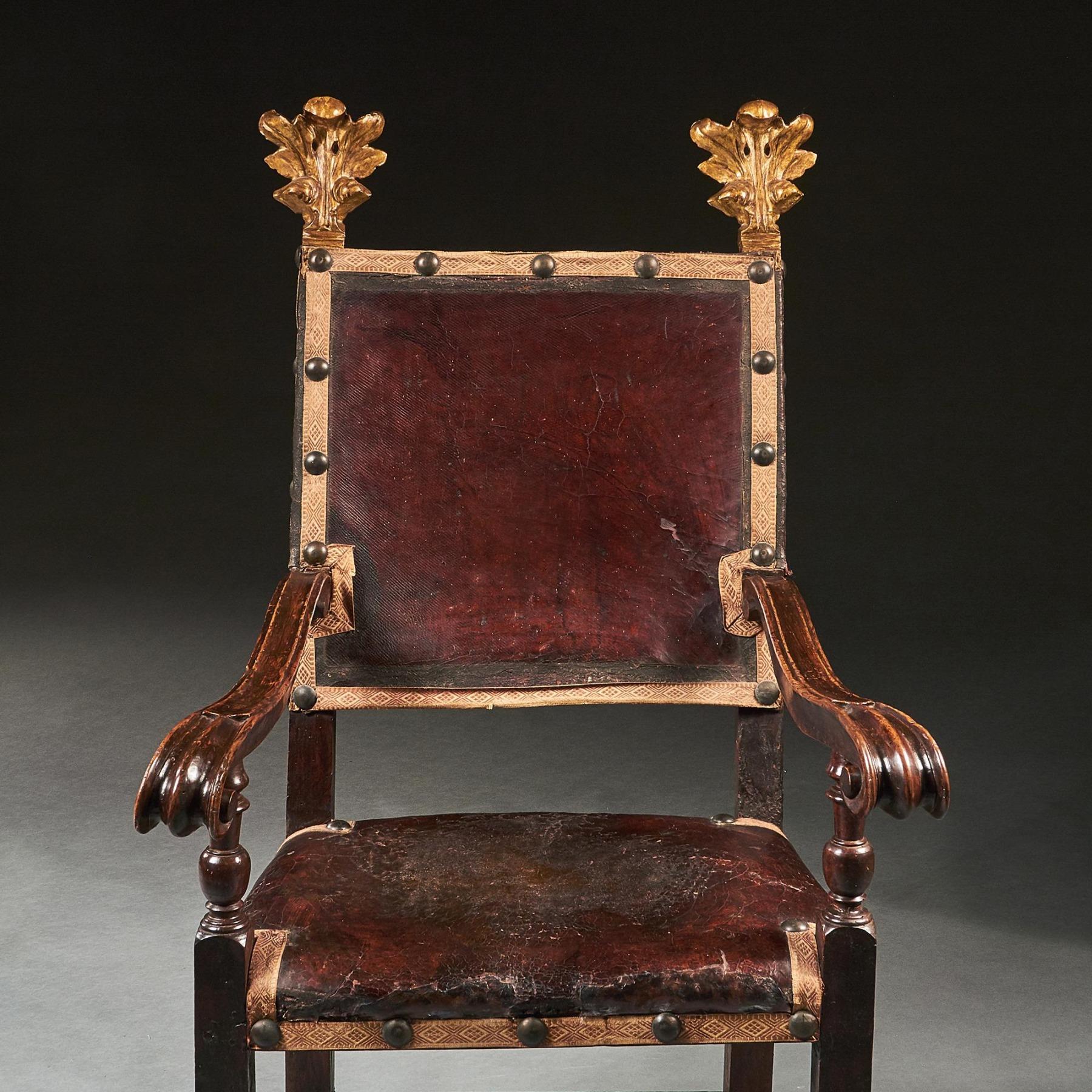 Pair of 17th Century Italian Baroque Parcel-Gilt Walnut Leather Armchairs For Sale 2