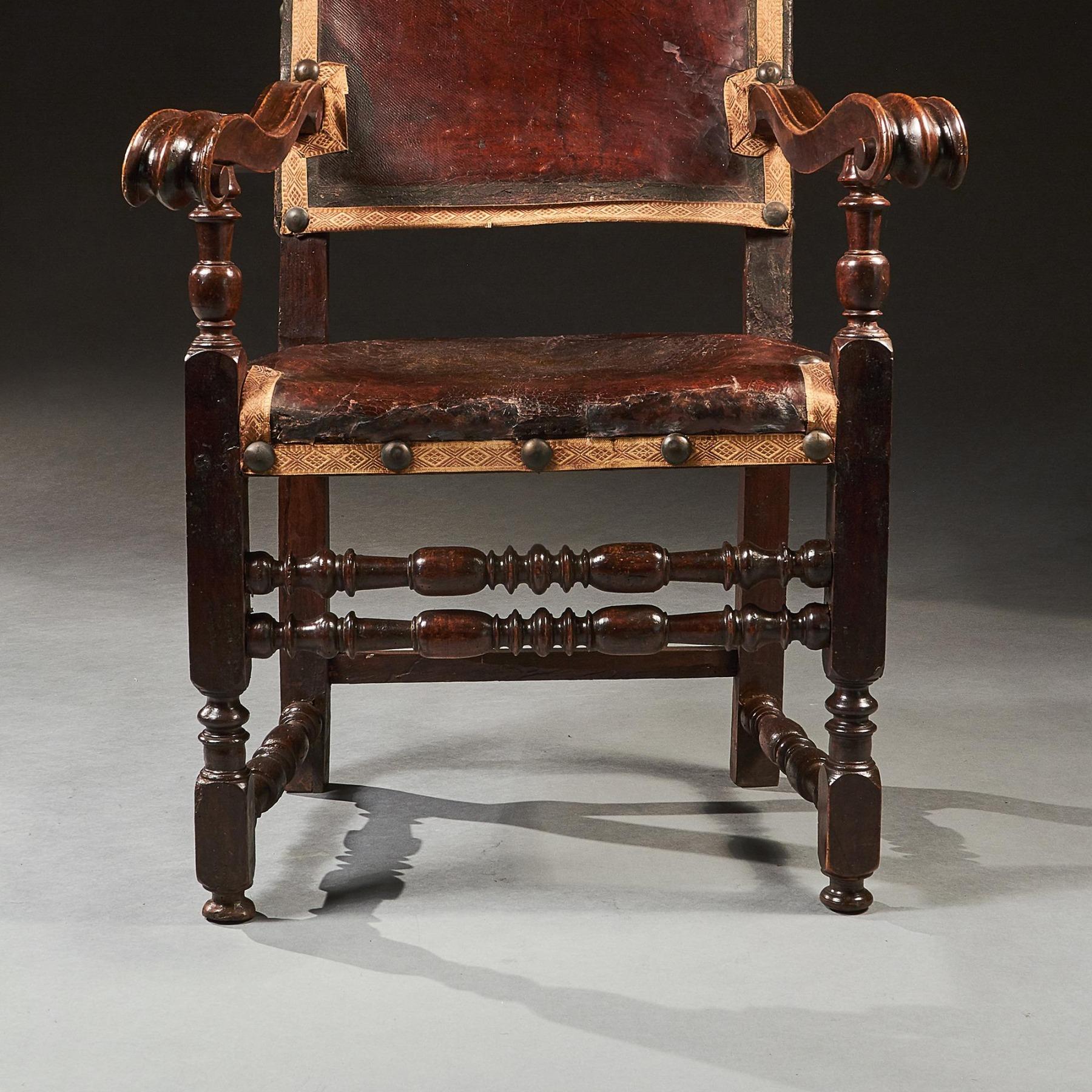 Pair of 17th Century Italian Baroque Parcel-Gilt Walnut Leather Armchairs For Sale 3