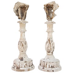 Pair of 17th Century Italian Candlesticks Decorated with Fossil Agate Coral