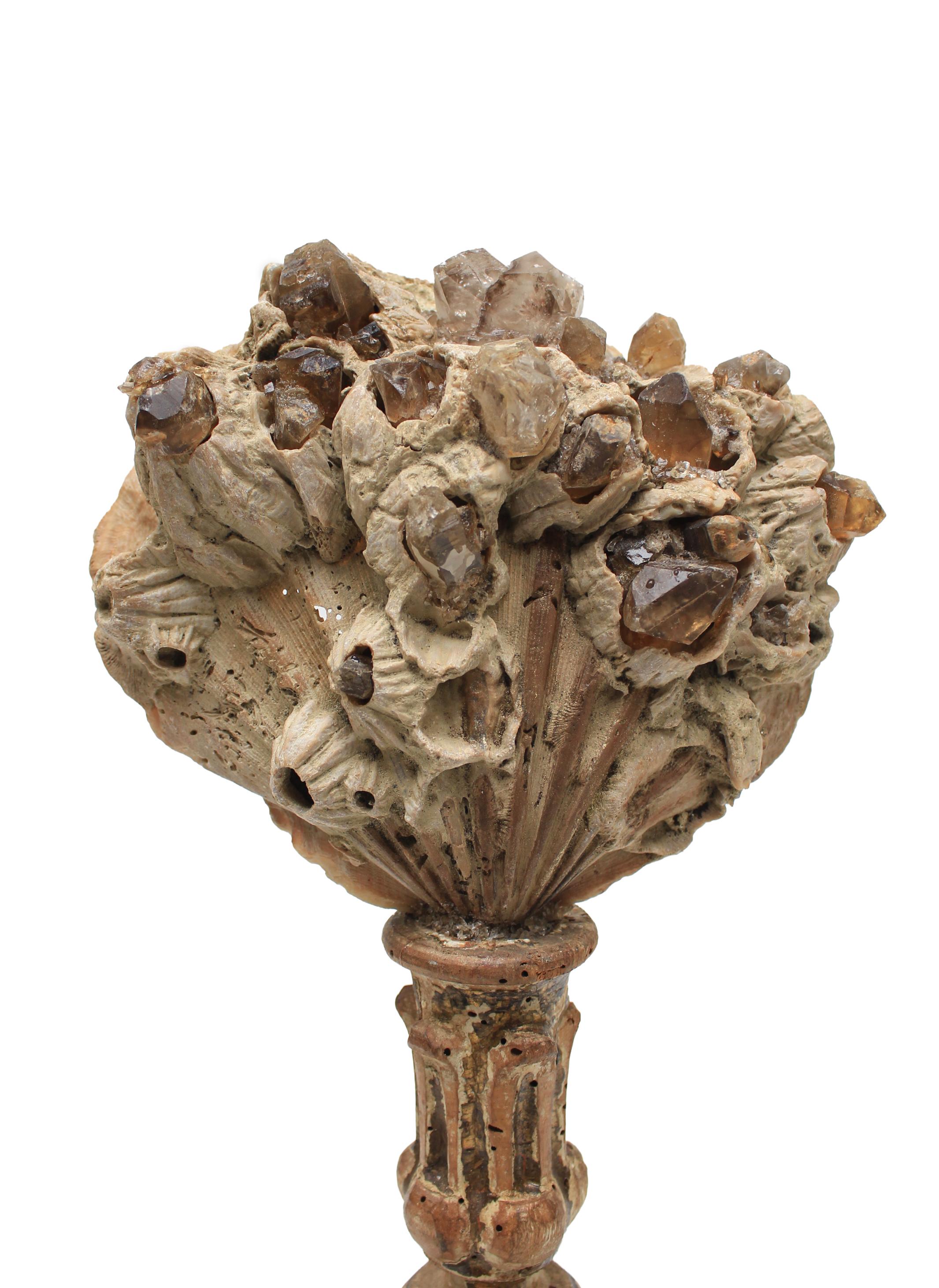 Rococo Pair of 17th Century Italian Candlesticks with Chesapecten Shells & Smoky Quartz