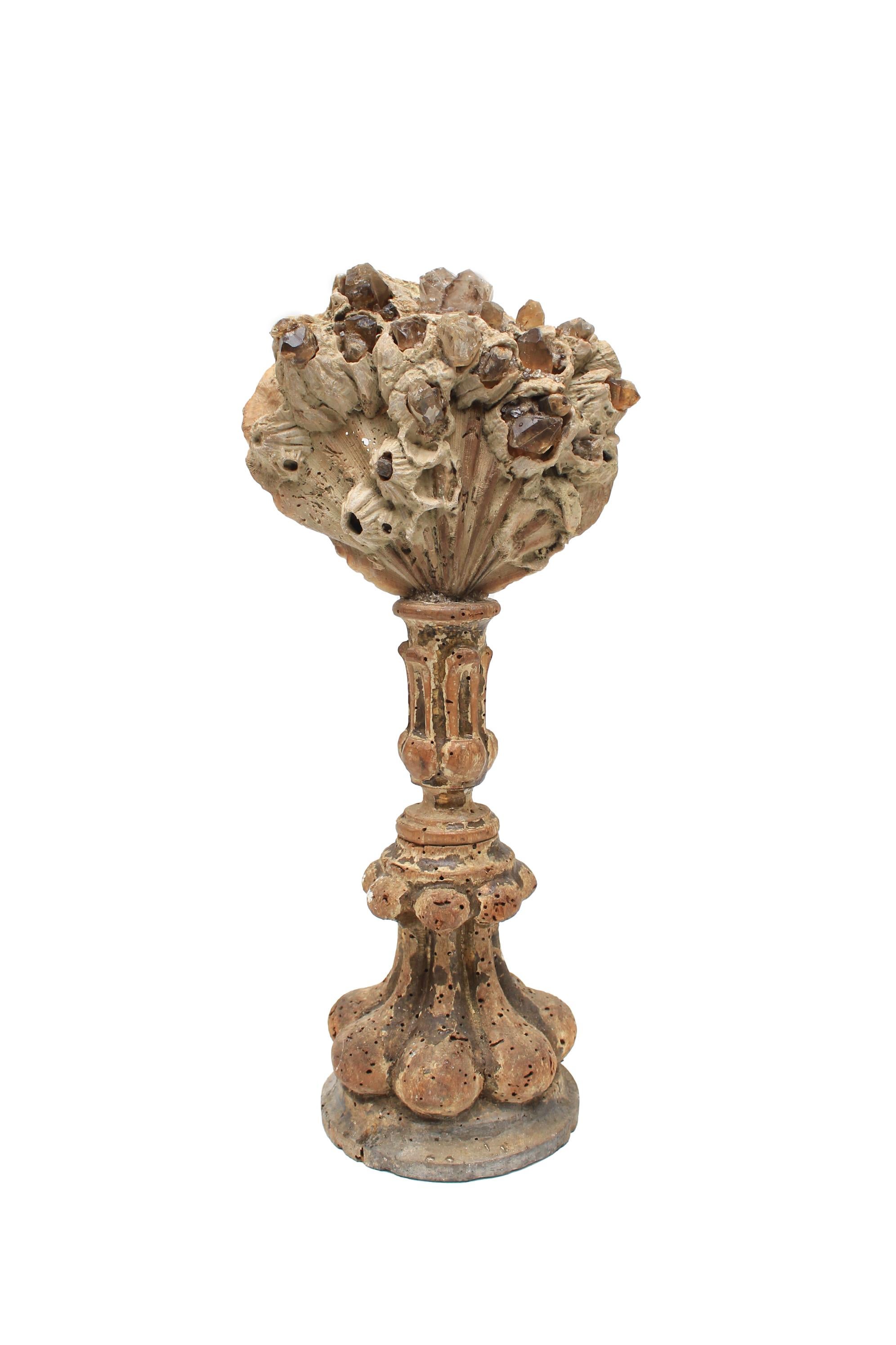 Hand-Carved Pair of 17th Century Italian Candlesticks with Chesapecten Shells & Smoky Quartz