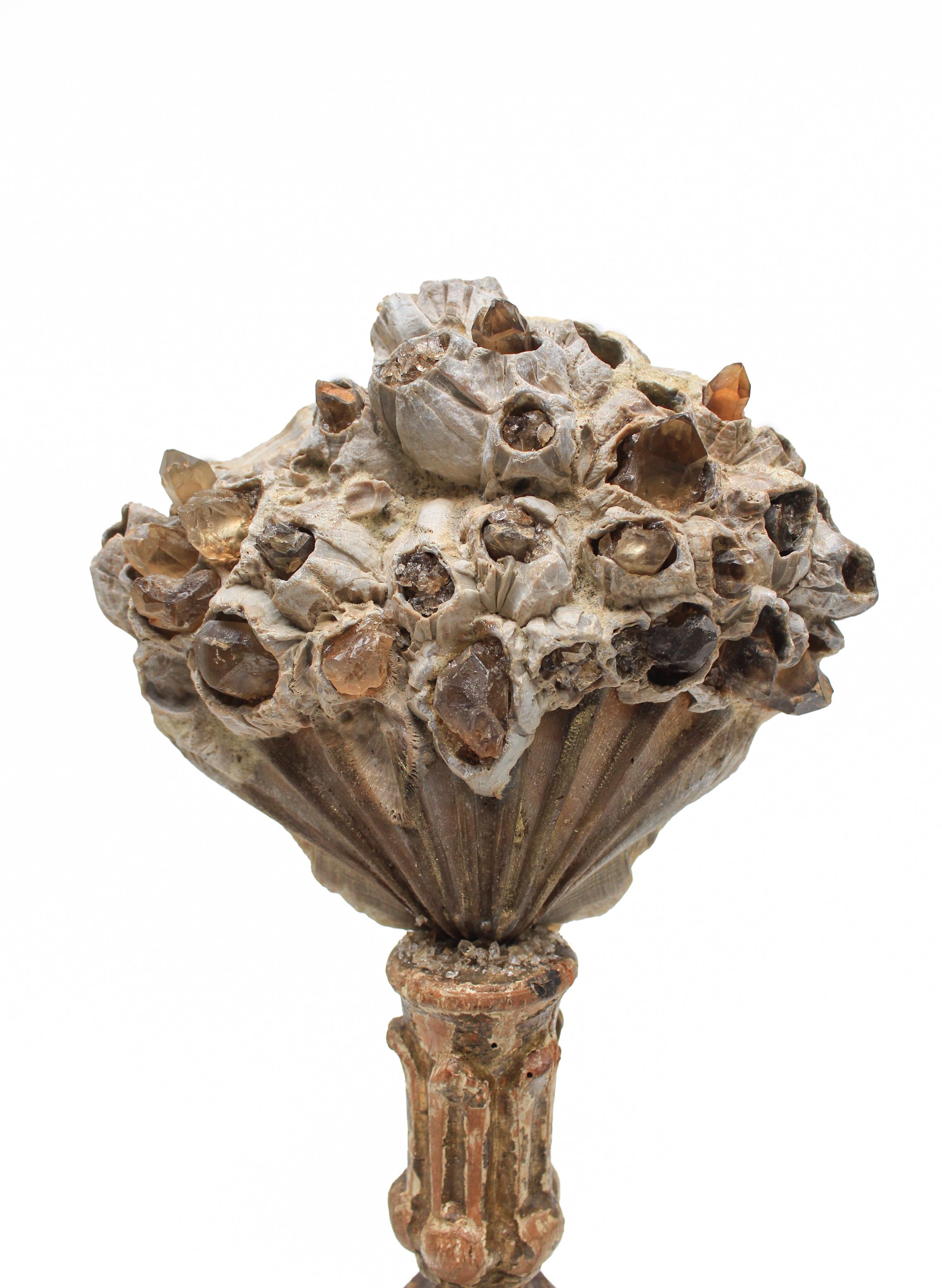 Pair of 17th Century Italian Candlesticks with Chesapecten Shells & Smoky Quartz In Fair Condition In Dublin, Dalkey