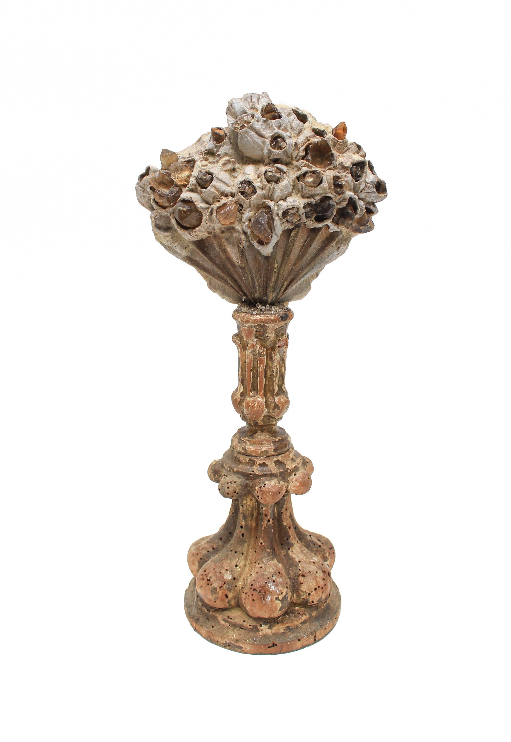 18th Century and Earlier Pair of 17th Century Italian Candlesticks with Chesapecten Shells & Smoky Quartz