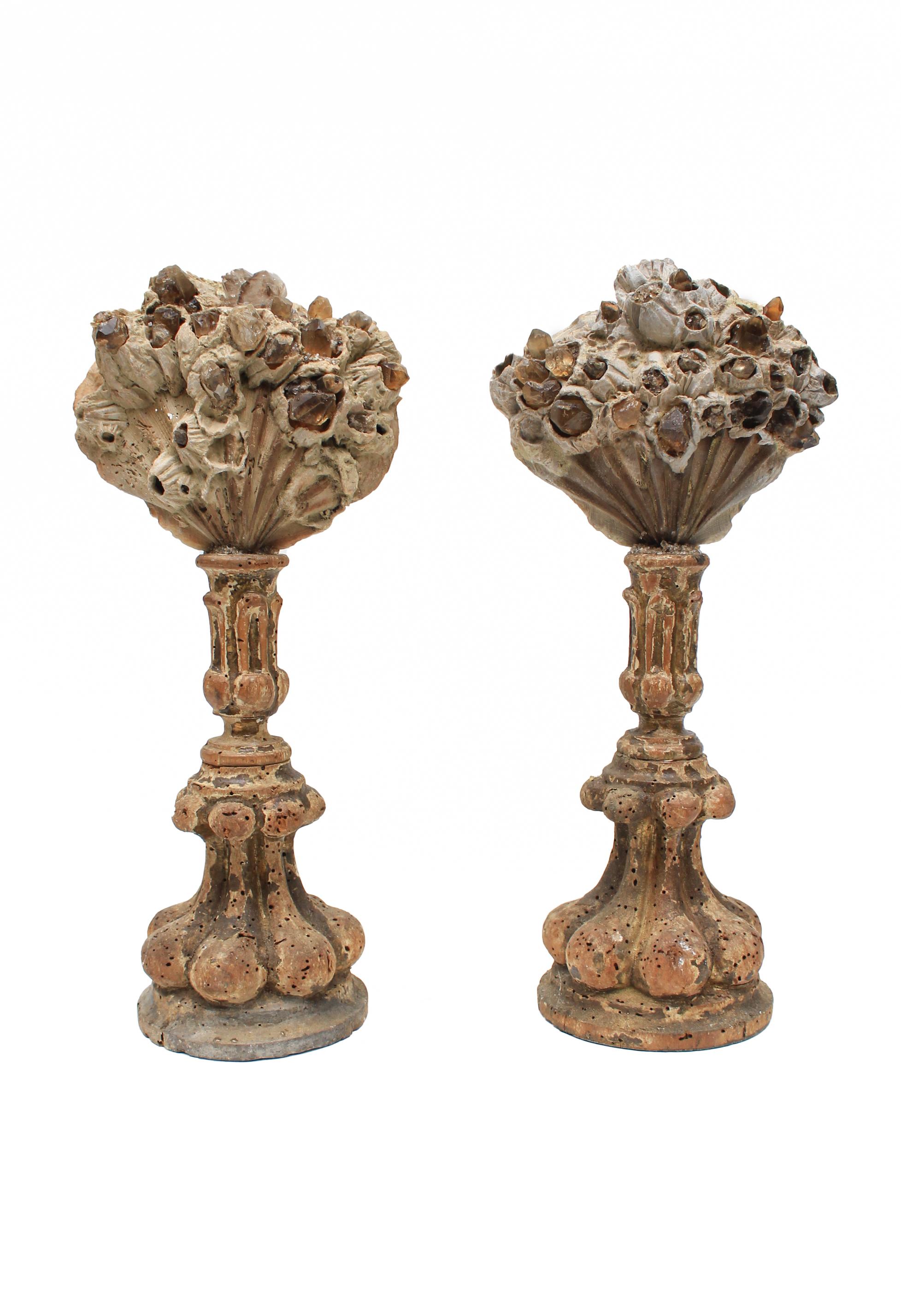 Pair of 17th Century Italian Candlesticks with Chesapecten Shells & Smoky Quartz 1