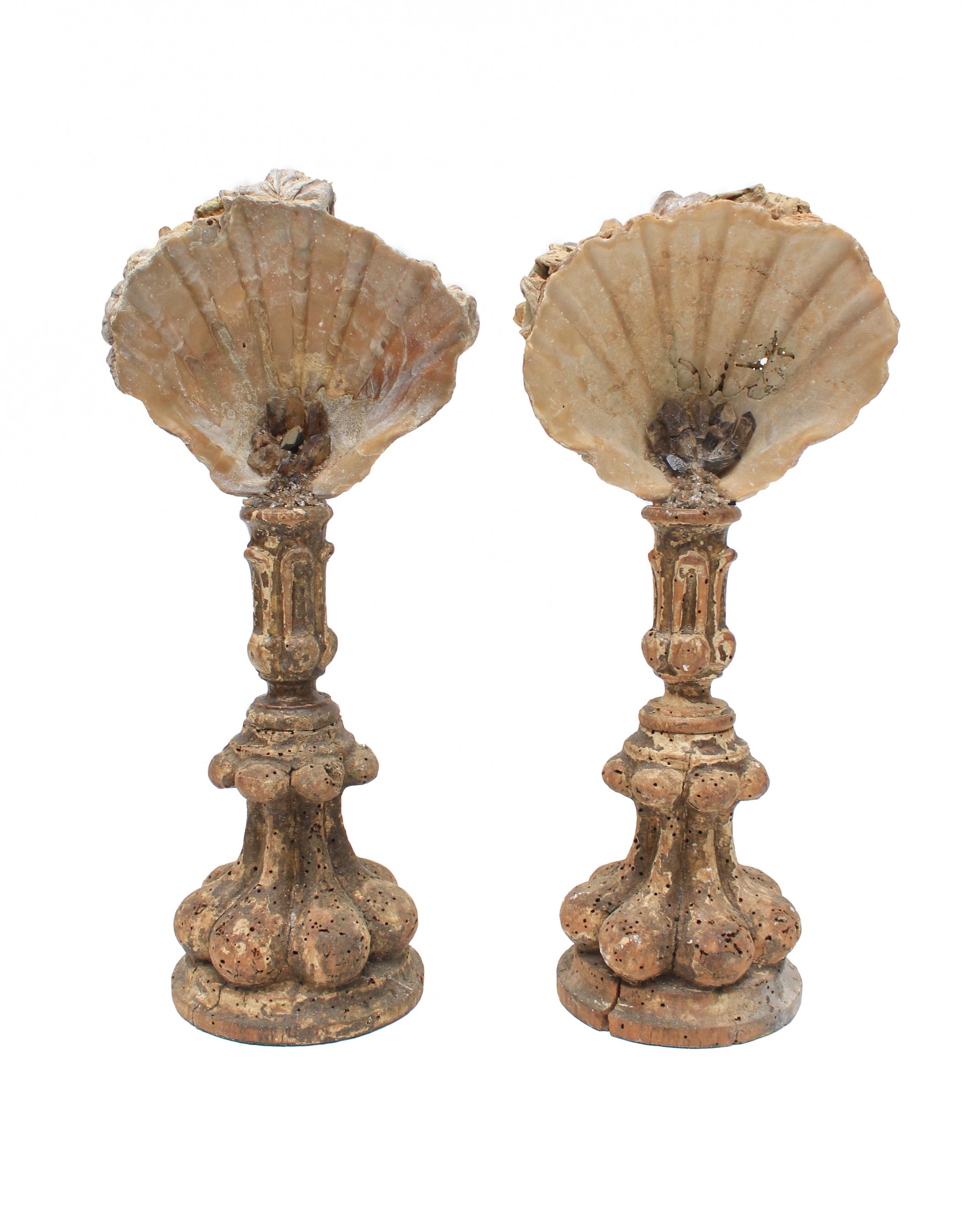 Pair of 17th Century Italian Candlesticks with Chesapecten Shells & Smoky Quartz 2