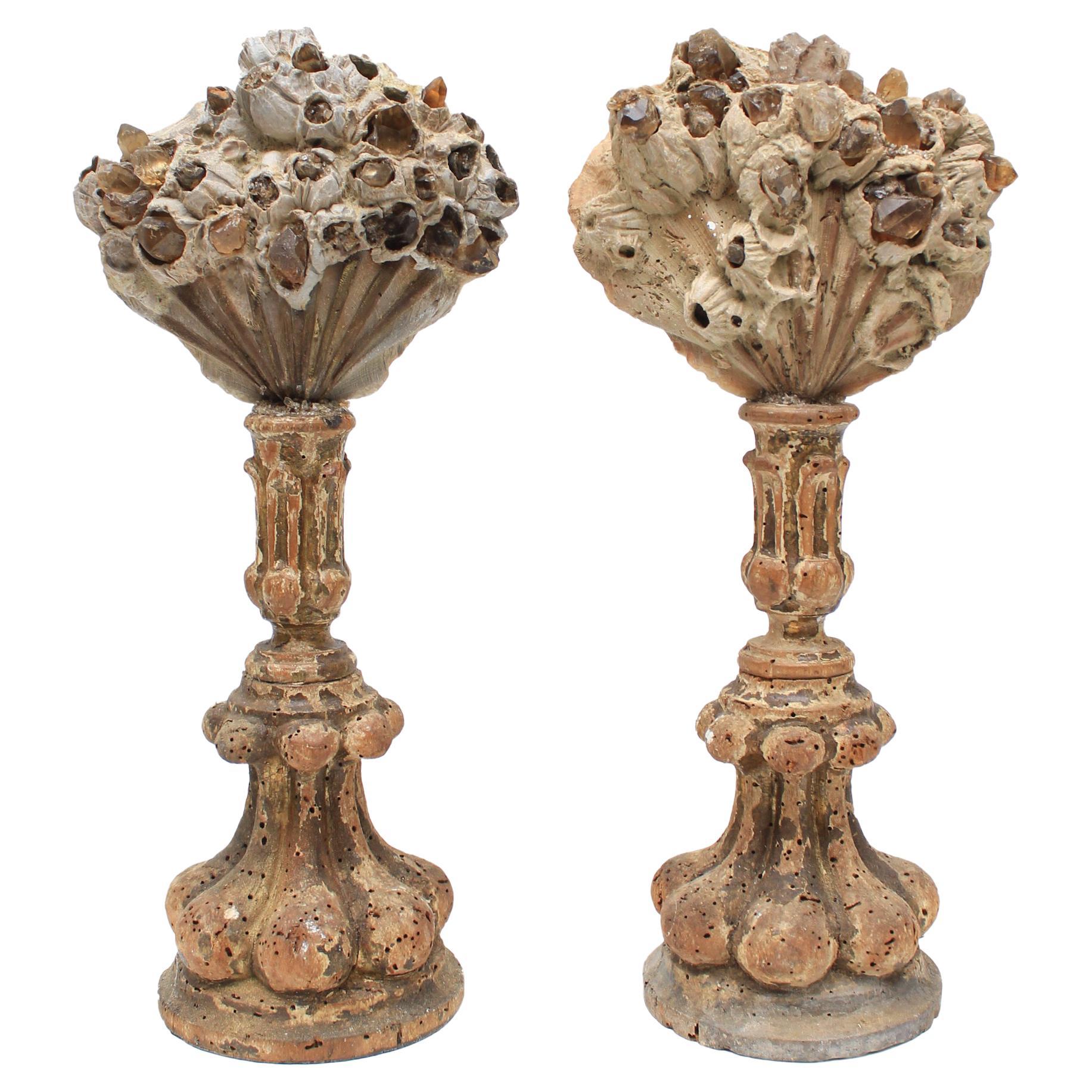 Pair of 17th Century Italian Candlesticks with Chesapecten Shells & Smoky Quartz