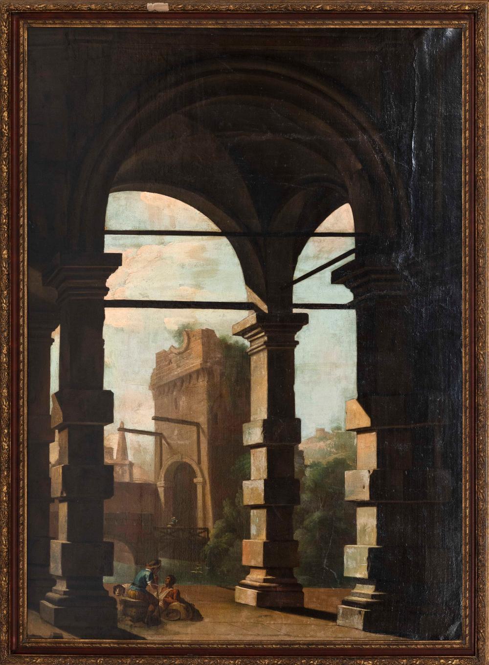 Pair of grand scale oil on canvas Capriccios by a Follower of Viviano Codazzi. Mid to late 17th century of ruins and figures. Neoclassical landscape. Beautifully imagined arches with figures, riding horseback, and engaging in activities.