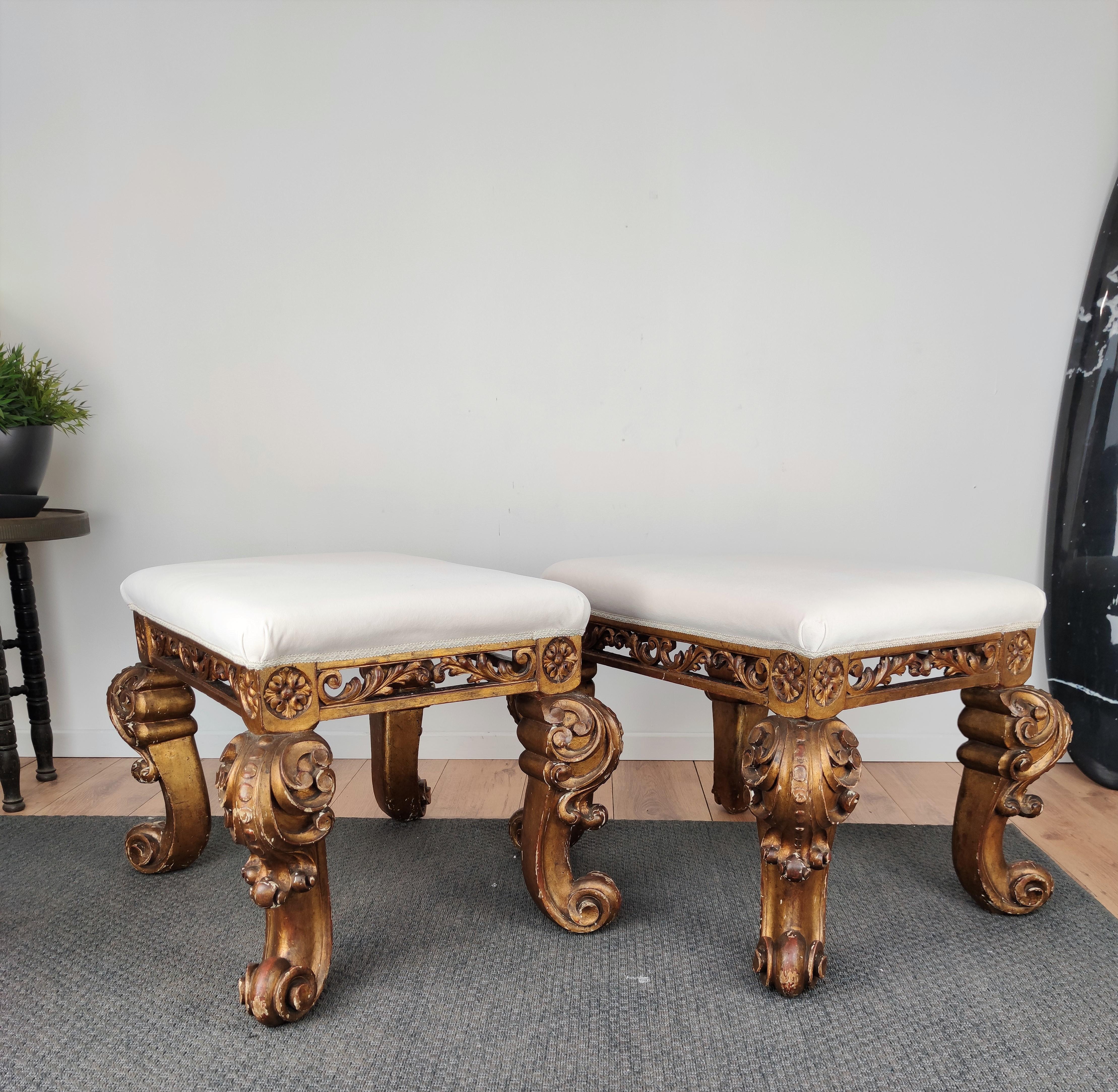 Pair of 17th Century Italian Carved Giltwood Baroque Stools Newly Reupholstered 5