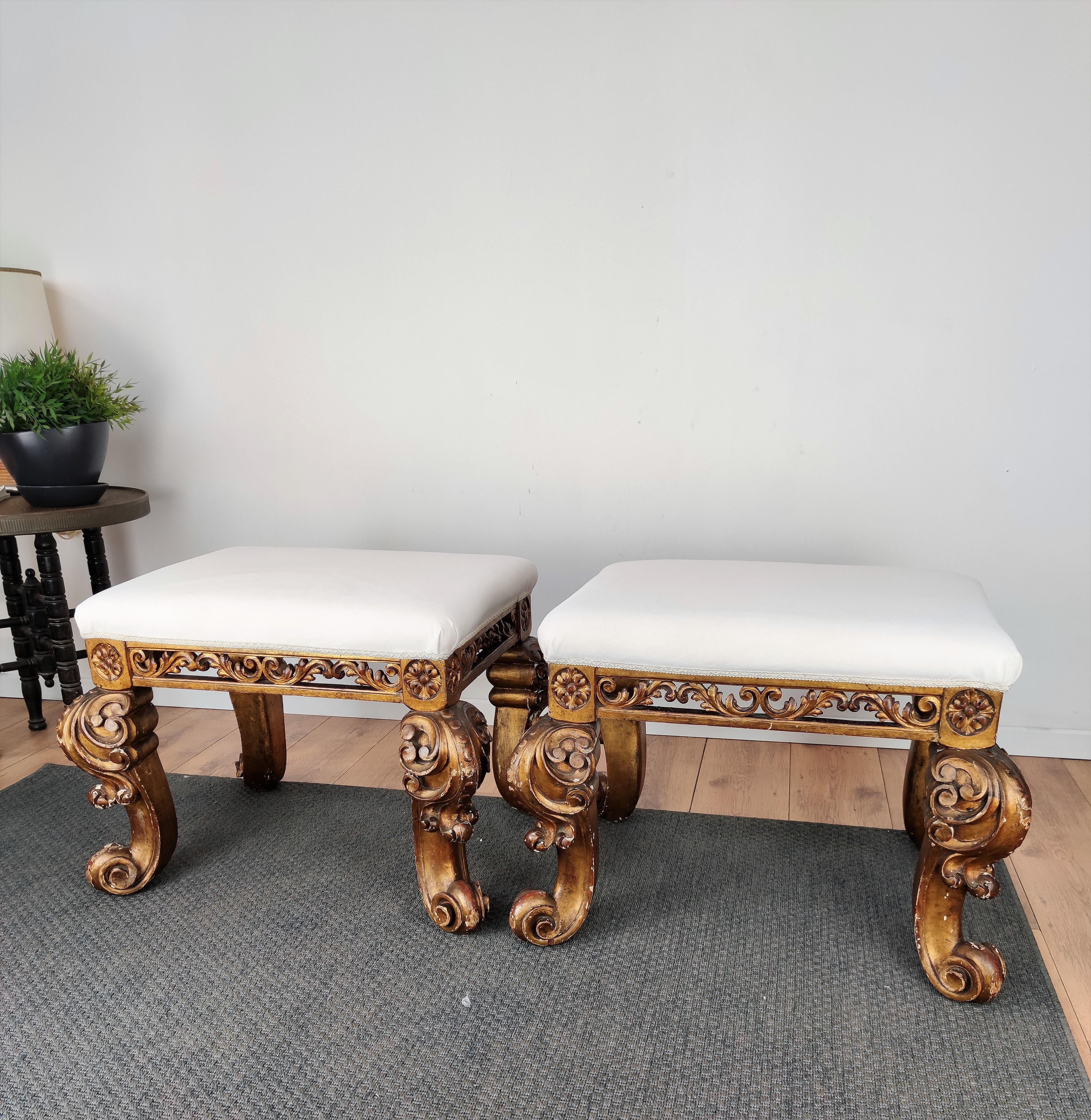 18th Century and Earlier Pair of 17th Century Italian Carved Giltwood Baroque Stools Newly Reupholstered
