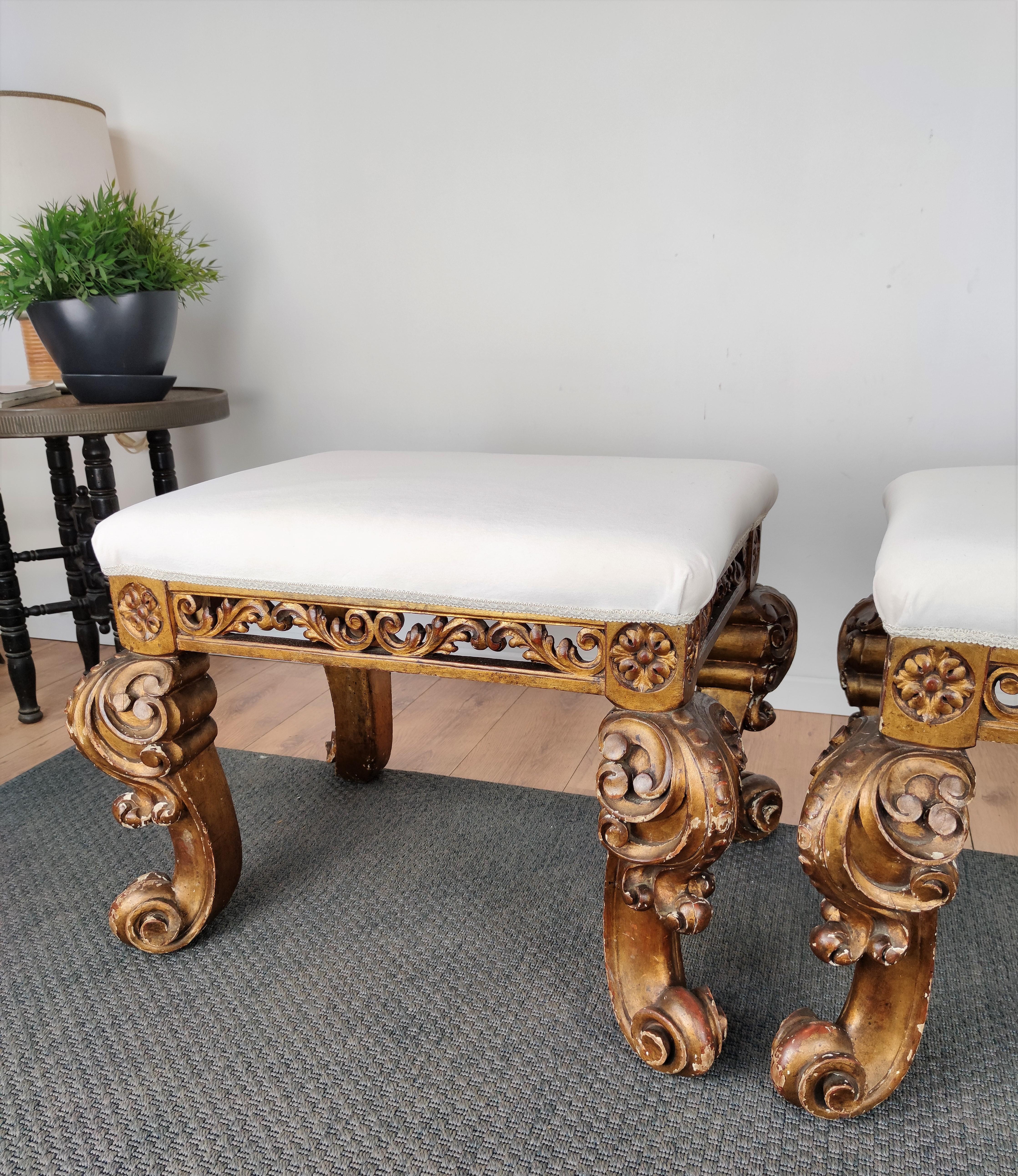 Wood Pair of 17th Century Italian Carved Giltwood Baroque Stools Newly Reupholstered