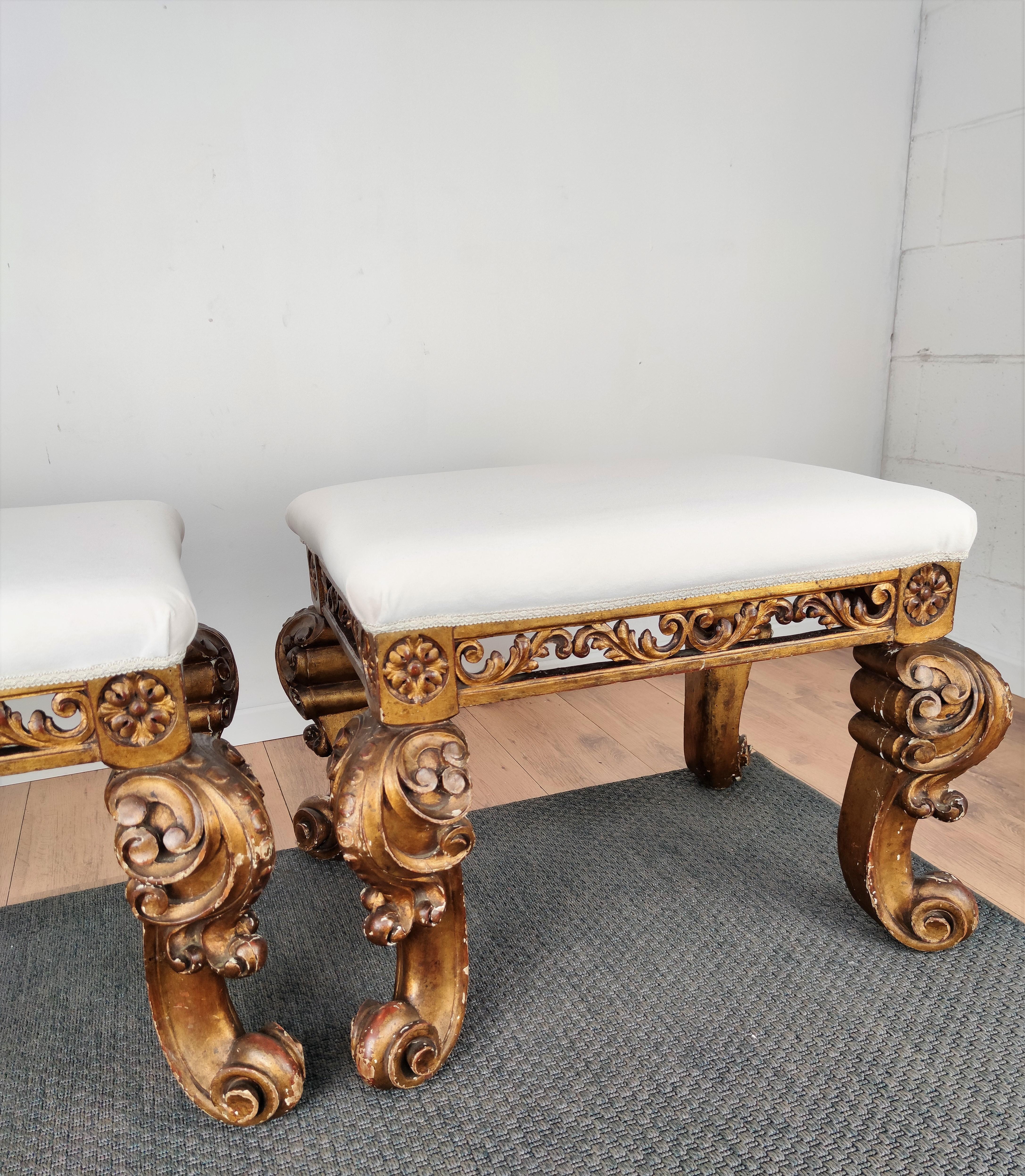 Pair of 17th Century Italian Carved Giltwood Baroque Stools Newly Reupholstered 1