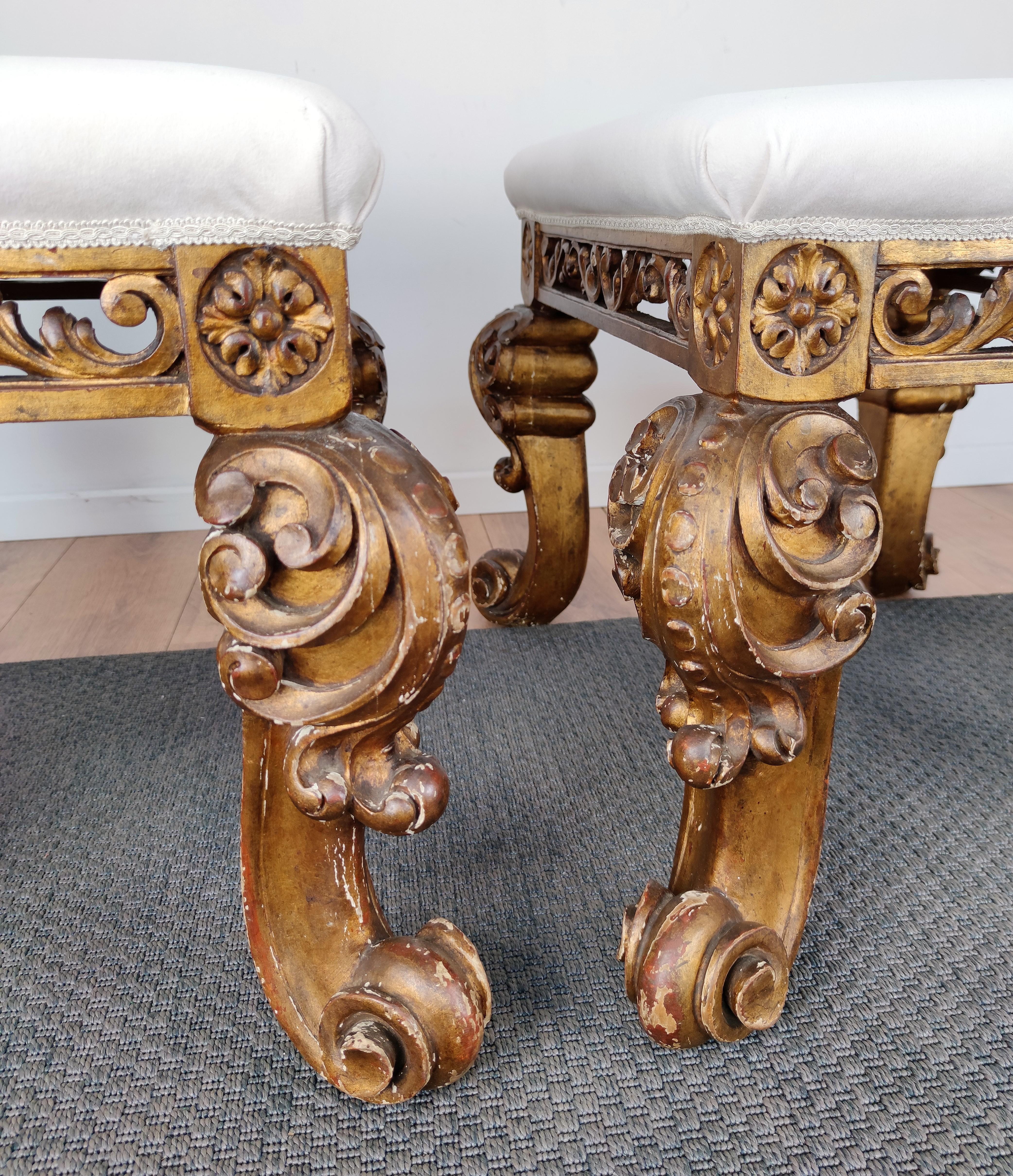 Pair of 17th Century Italian Carved Giltwood Baroque Stools Newly Reupholstered 2