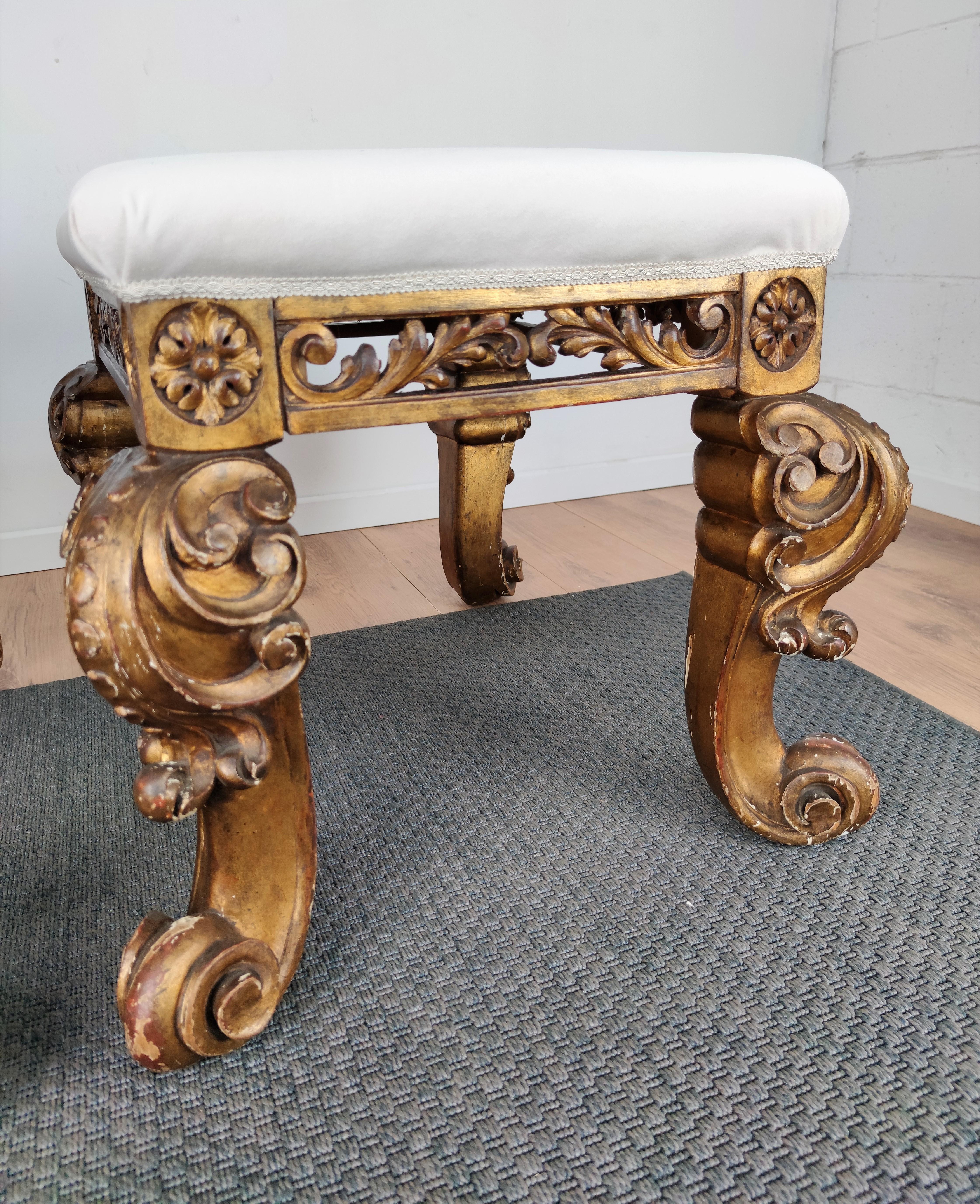 Pair of 17th Century Italian Carved Giltwood Baroque Stools Newly Reupholstered 4